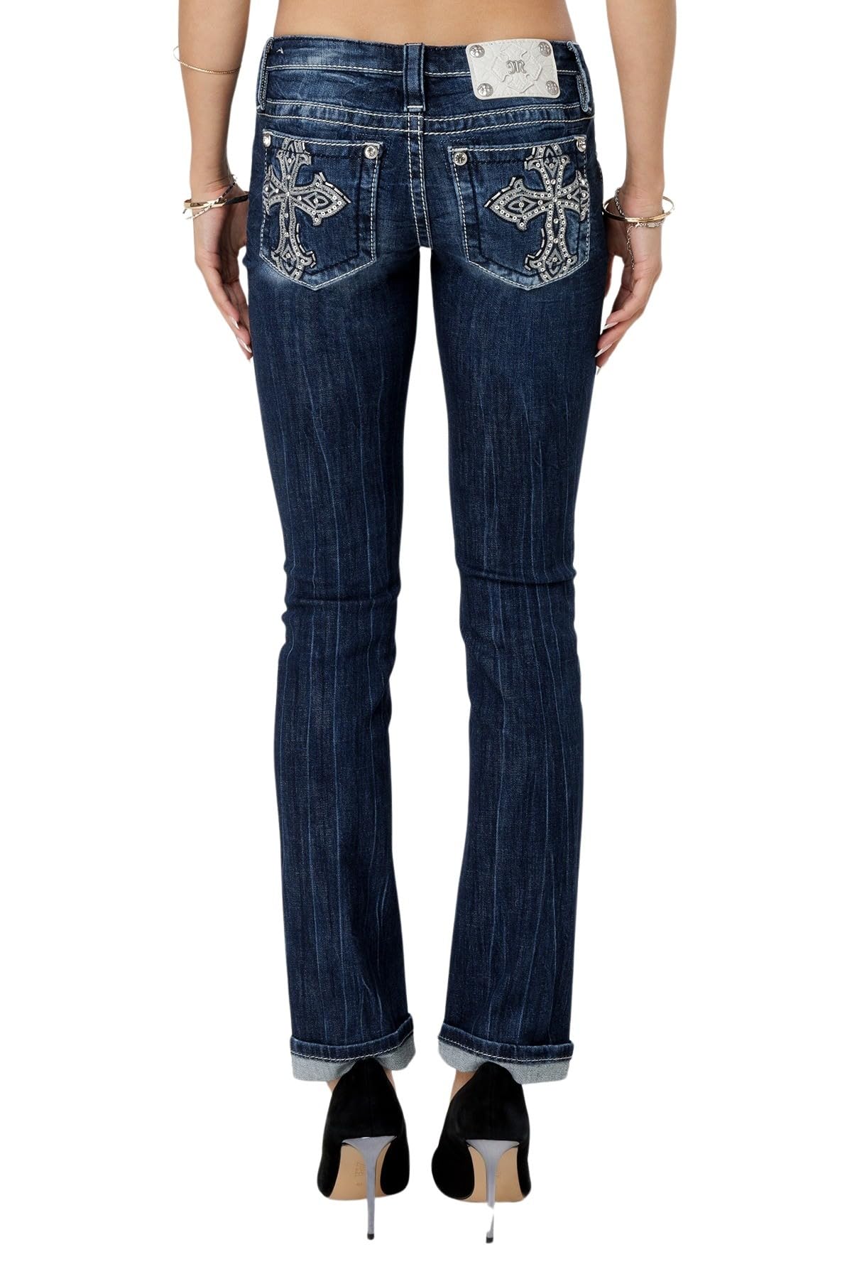 Miss Me Women's Gothic Cross Stitch Low-Rise Straight Leg Jeans - Vintage Style Denim Pants for Casual Wear & Gothic Fashion Outfits