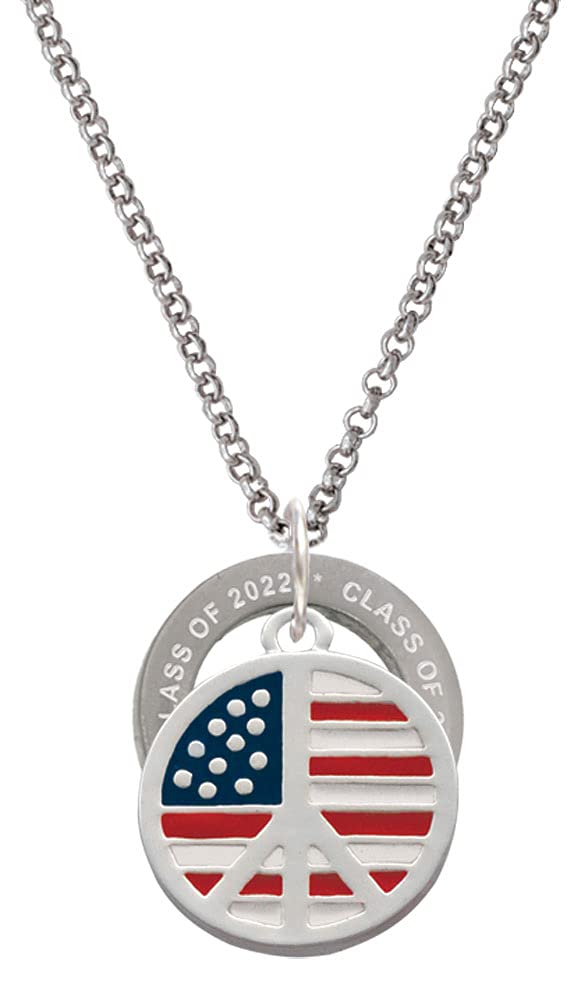 Delight Jewelry Silver-Tone Large Peace Sign & USA Flag Class of 2022 Affirmation Pendant Necklace - 23.5 Inch Chain - Perfect for Graduation Gifts & Patriotic Fashion Accessories