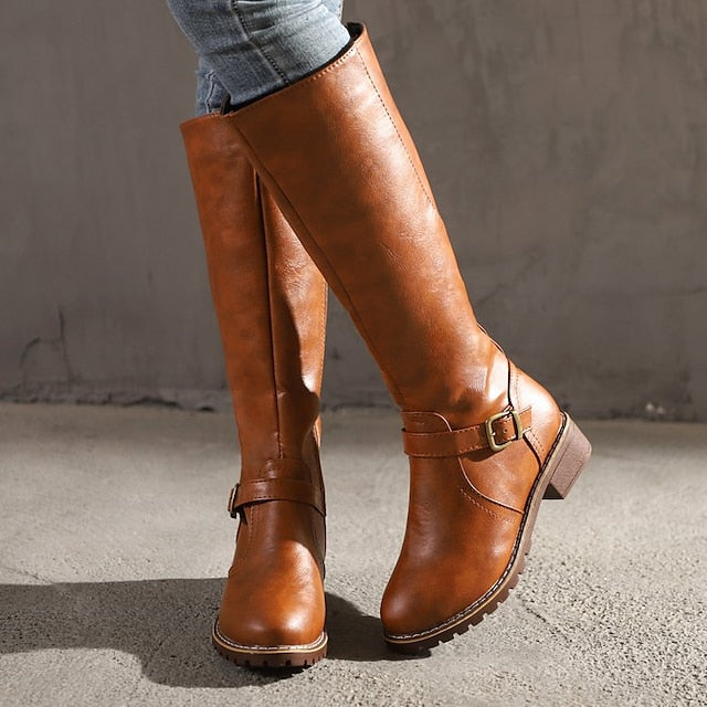 Lovevop Women's Autumn Riding Boots - Knee High PU Leather Boots with Chunky Heel & Round Toe | Black, Brown, Yellow | Perfect for Fall Outfits, Casual Wear & Horseback Riding
