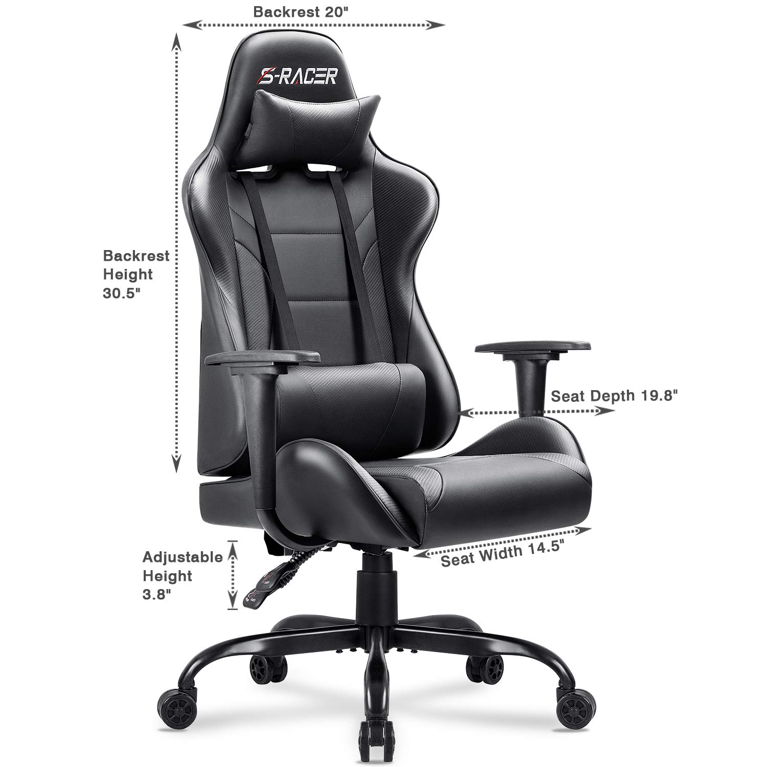 Homall Ergonomic Gaming Chair - High Back PU Leather Office Computer Desk Chair with Adjustable Headrest & Lumbar Support, Swivel Racing Style for PC Gamers & Home Office (Black) - Perfect for Esports, Streaming & Long Work Sessions