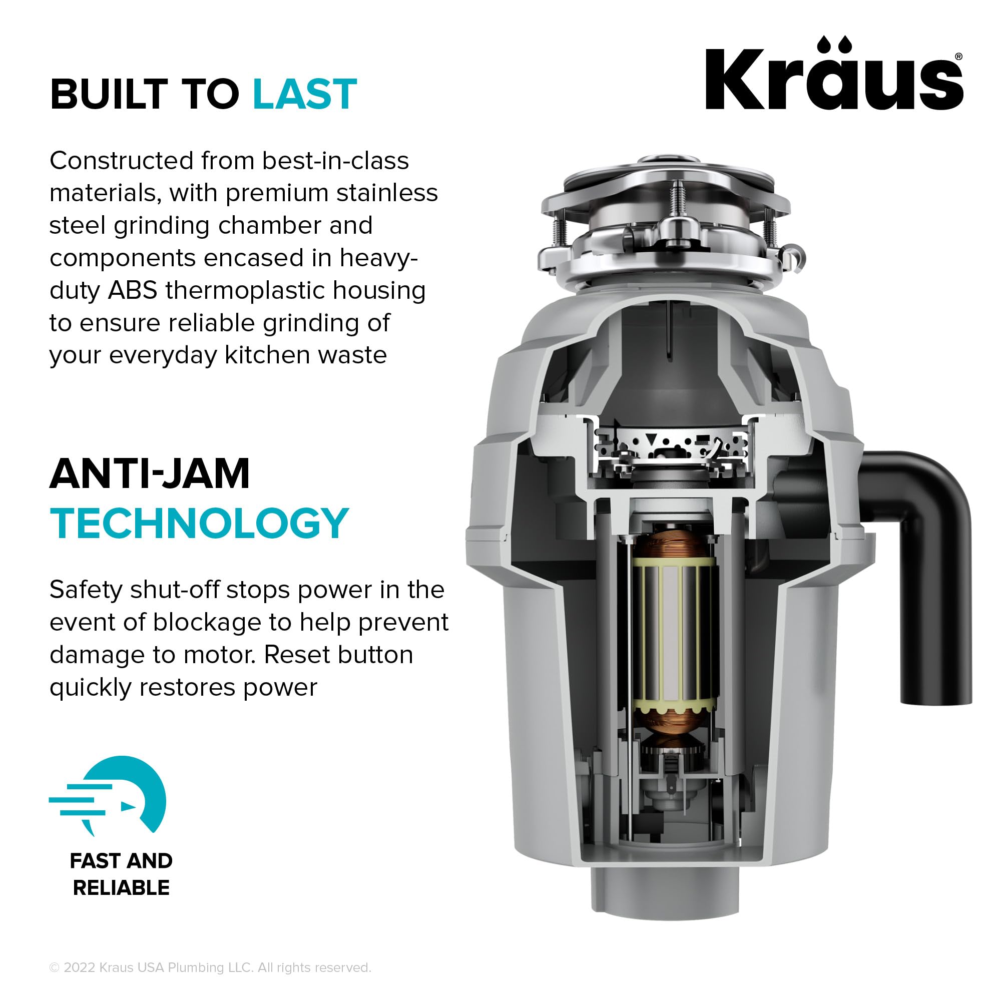 KRAUS WasteGuard 3/4 HP High-Speed Continuous Feed Ultra-Quiet Garbage Disposal with Power Cord & Universal Mount - Perfect for Kitchen Sink Waste Disposal (Model KWD210-75MGR)
