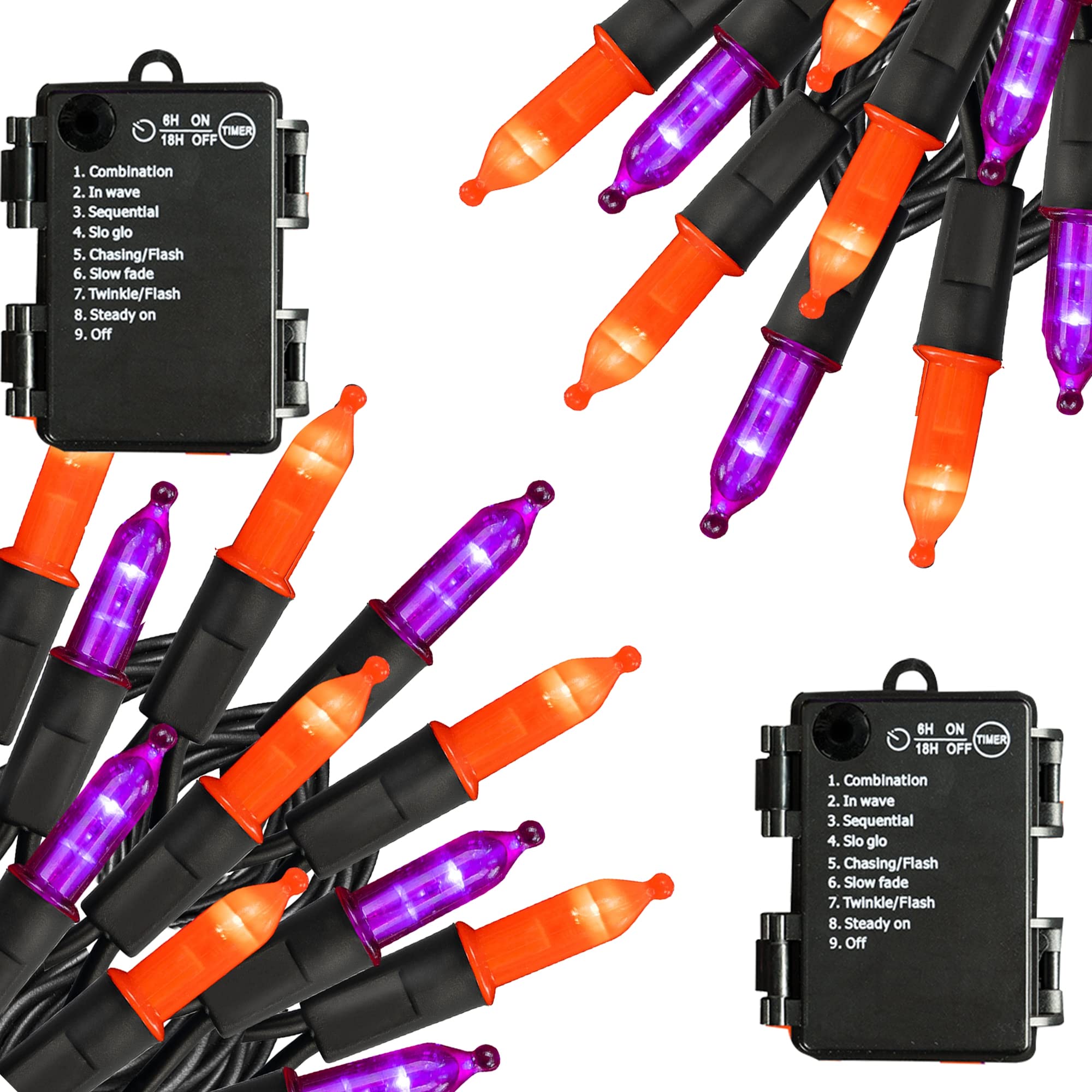 Battery Operated Halloween Lights - 2 Pack 100 LED 32FT Orange & Purple String Lights, Waterproof Outdoor/Indoor Decor with 8 Lighting Modes - Perfect for Halloween Party, Patio, Yard, and Home Decorations