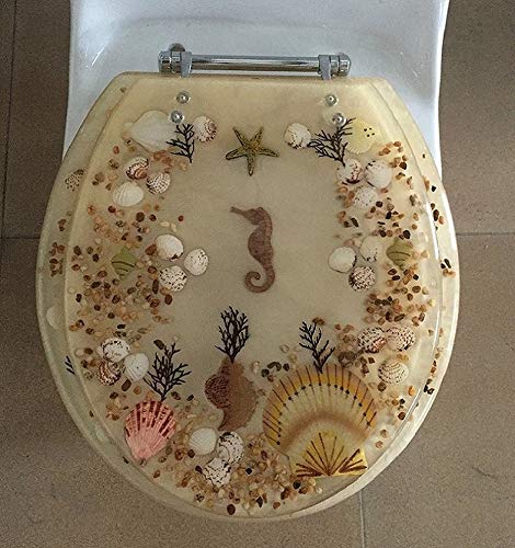 Elongated Beige Seashell and Seahorse Resin Toilet Seat with Chrome Hinges - Durable Bathroom Upgrade for Coastal, Beach House, or Nautical Theme Decor