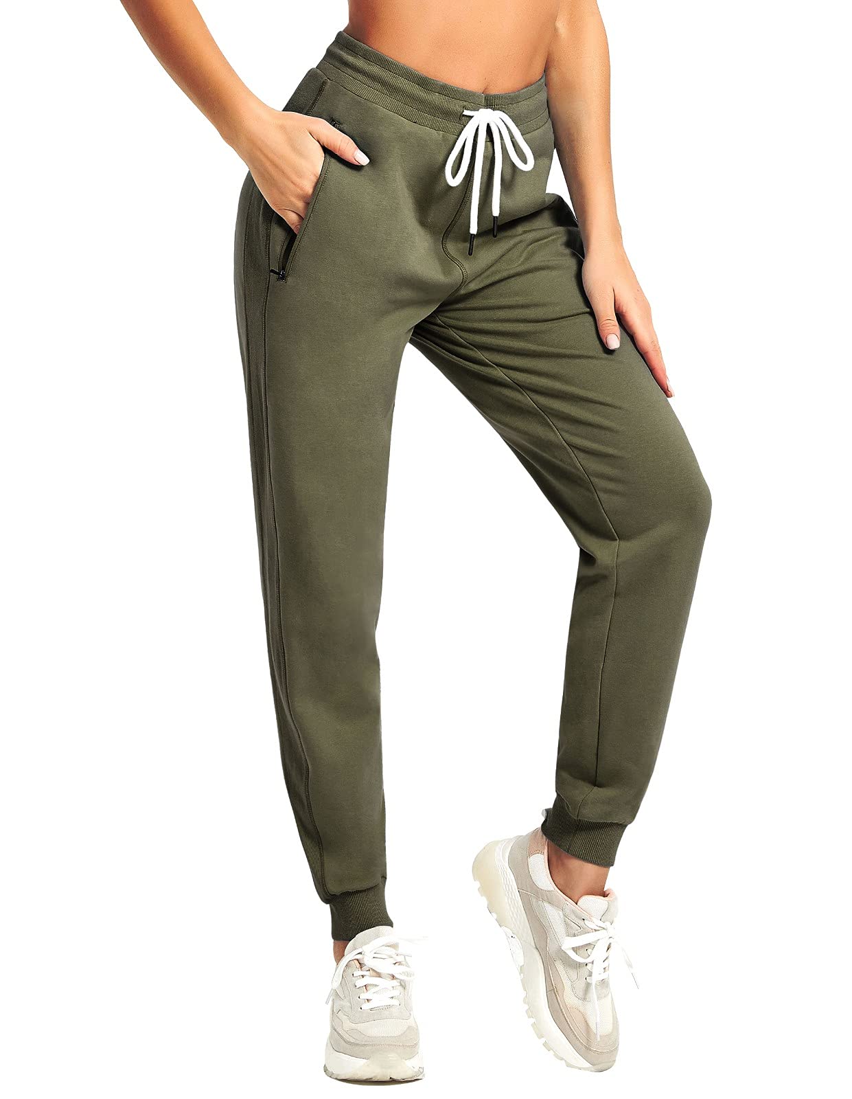 PULI Women's High-Waisted Cotton Workout Sweatpants with Zipper Pockets - Comfortable Joggers for Yoga, Running & Lounge Wear