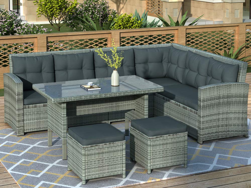 6-Piece Outdoor Patio Furniture Set - Waterproof Sectional Sofa with Tempered Glass Table & Ottomans for Poolside, Backyard, Lawn (Gray) - Perfect for Outdoor Entertaining & Relaxation