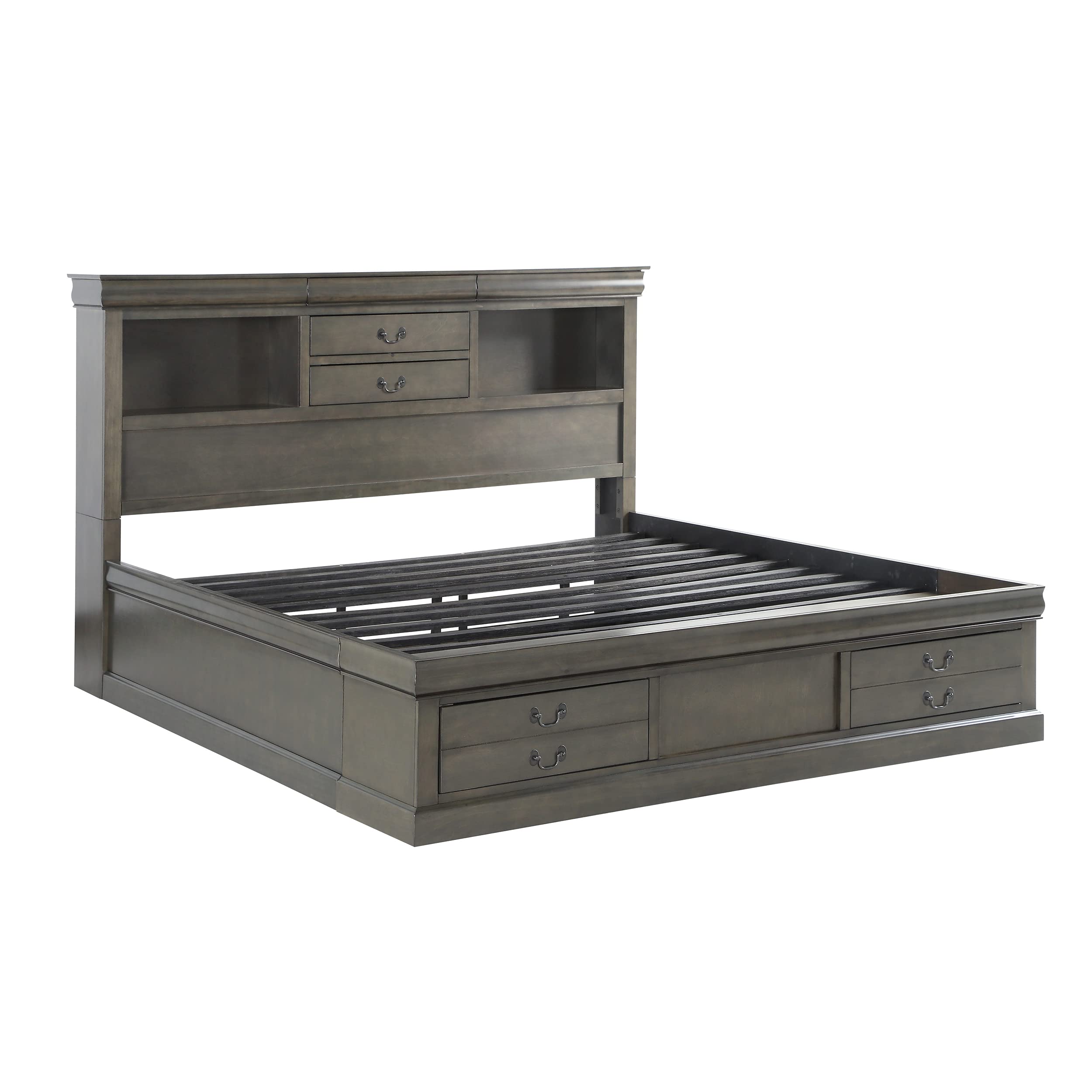HABITRIO Solid Wood Queen Bed Frame with Storage - Headboard with 3 Hidden Drawers & 2 Bookshelves, Footboard with 2 Storage Drawers - No Box Spring Needed, Dark Gray - Perfect for Small Bedrooms & Guest Rooms with Extra Storage Needs