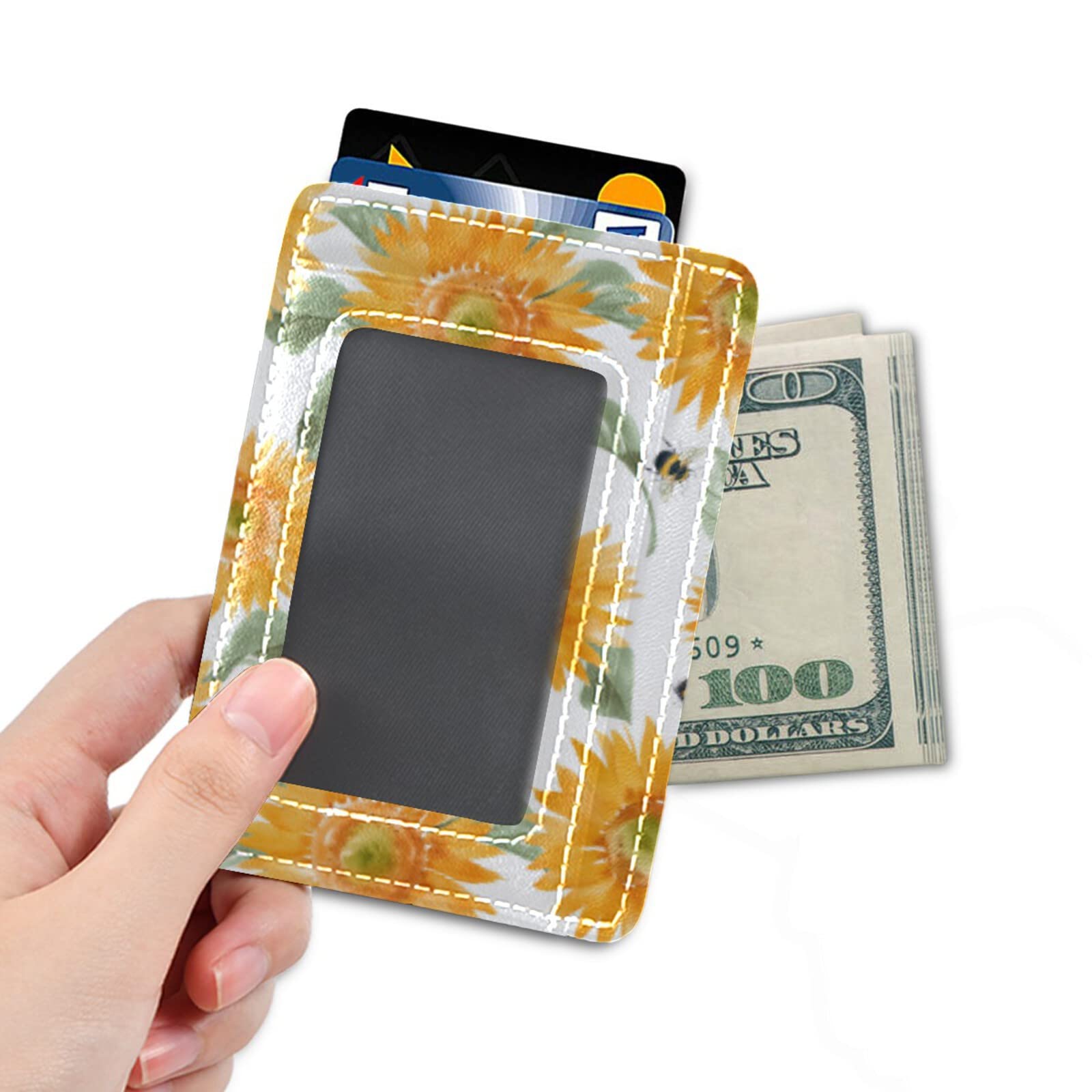 Susiyo Yellow Sunflower Bee Slim RFID Blocking Minimalist Wallet - PU Leather Front Pocket Card Holder for Men & Women | Perfect for Travel, Everyday Use & Gift Giving