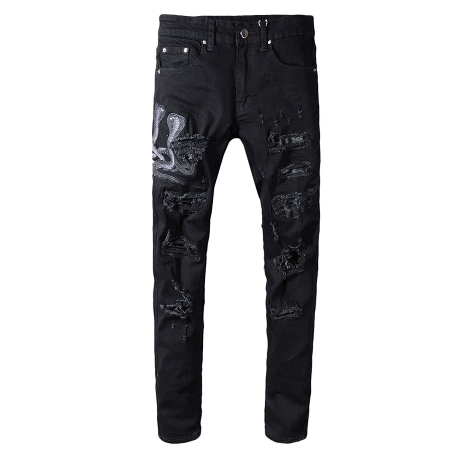 JNXFUZMG Men's Slim Fit Ripped Jeans - Stretchable Casual Pants with Embroidery Details | American Streetwear & Hip Hop Fashion | Perfect for Daily Wear, Night Out, and Urban Style