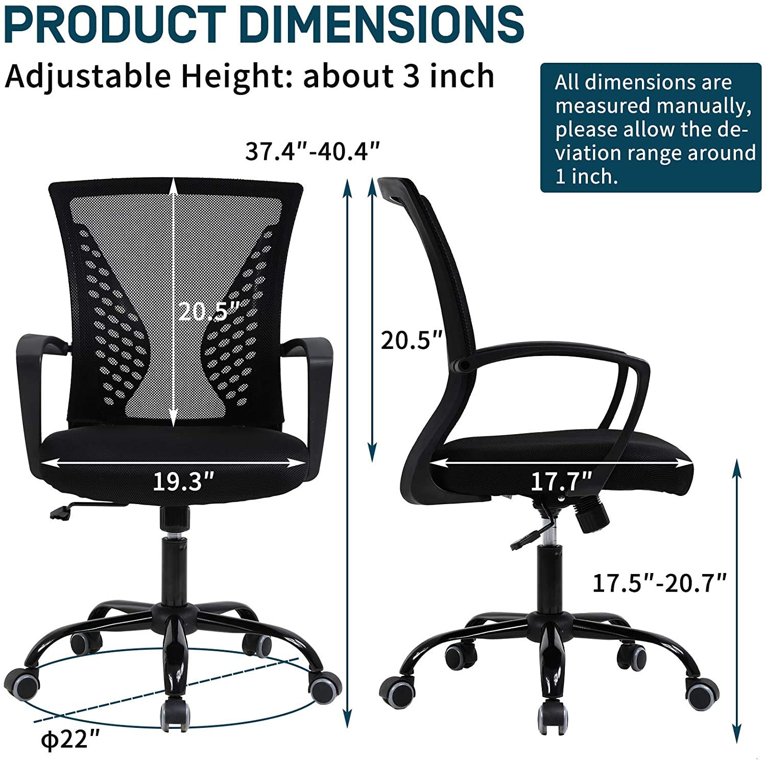 Ergonomic Office Chair - Adjustable Mid Back Mesh Computer Chair with Lumbar Support & Armrests - Modern Rolling Task Chair for Home Office, Study, or Executive Workspace - Black