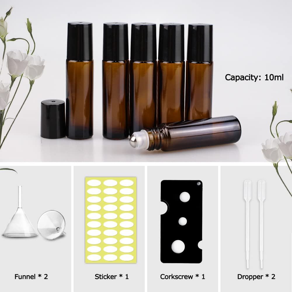 25 Pack 10ml Amber Glass Essential Oil Bottles with Stainless Steel Roller Balls & Caps - Travel Size for Aromatherapy, DIY Perfume, Lip Gloss & Skincare (Leak Proof & Durable) - Perfect for Home, Office & On-the-Go Use