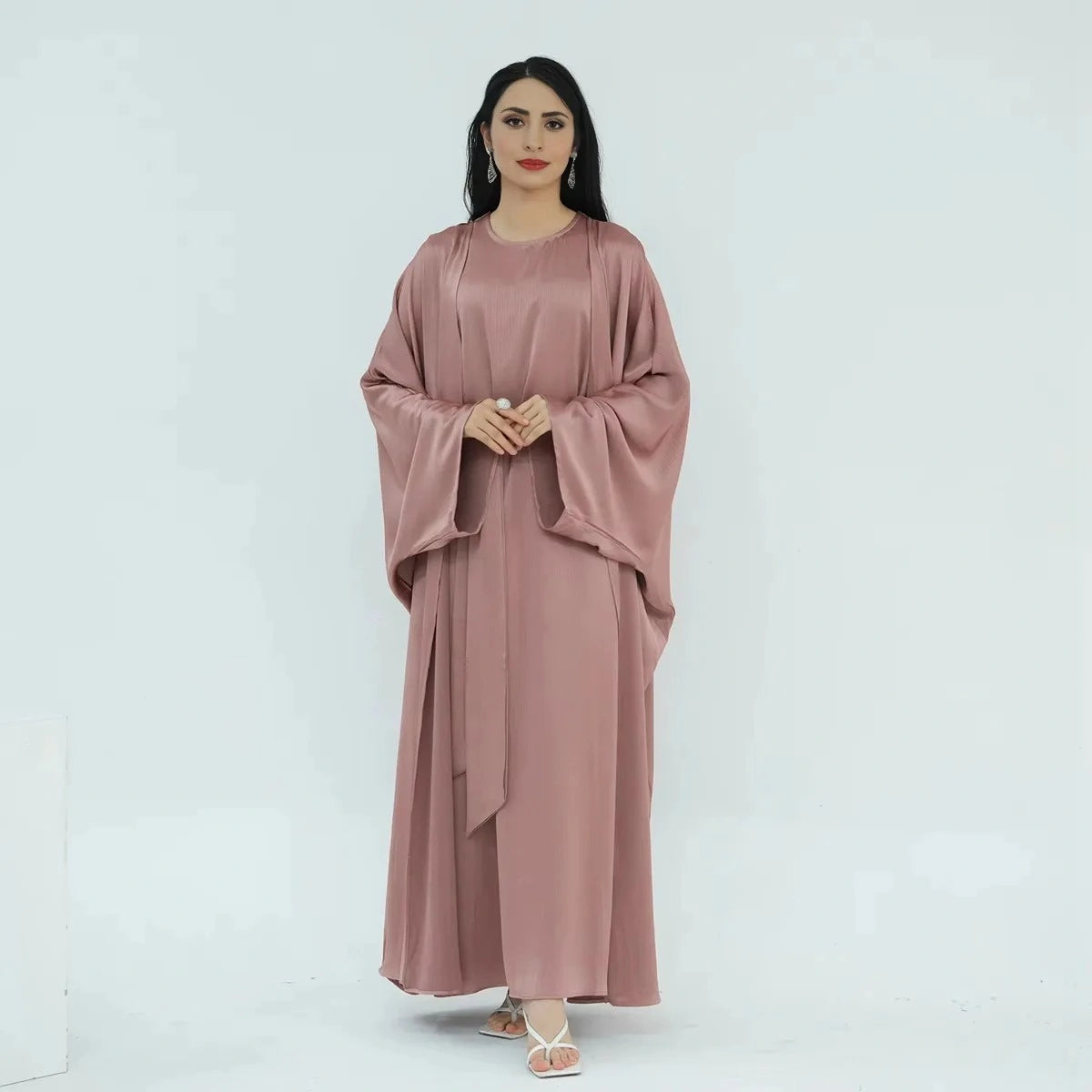 Wrinkle-Free Satin 2-Piece Open Abaya Dress Set #24806 - Elegant Muslim Prayer Dress for Women, Perfect for Special Occasions & Daily Wear