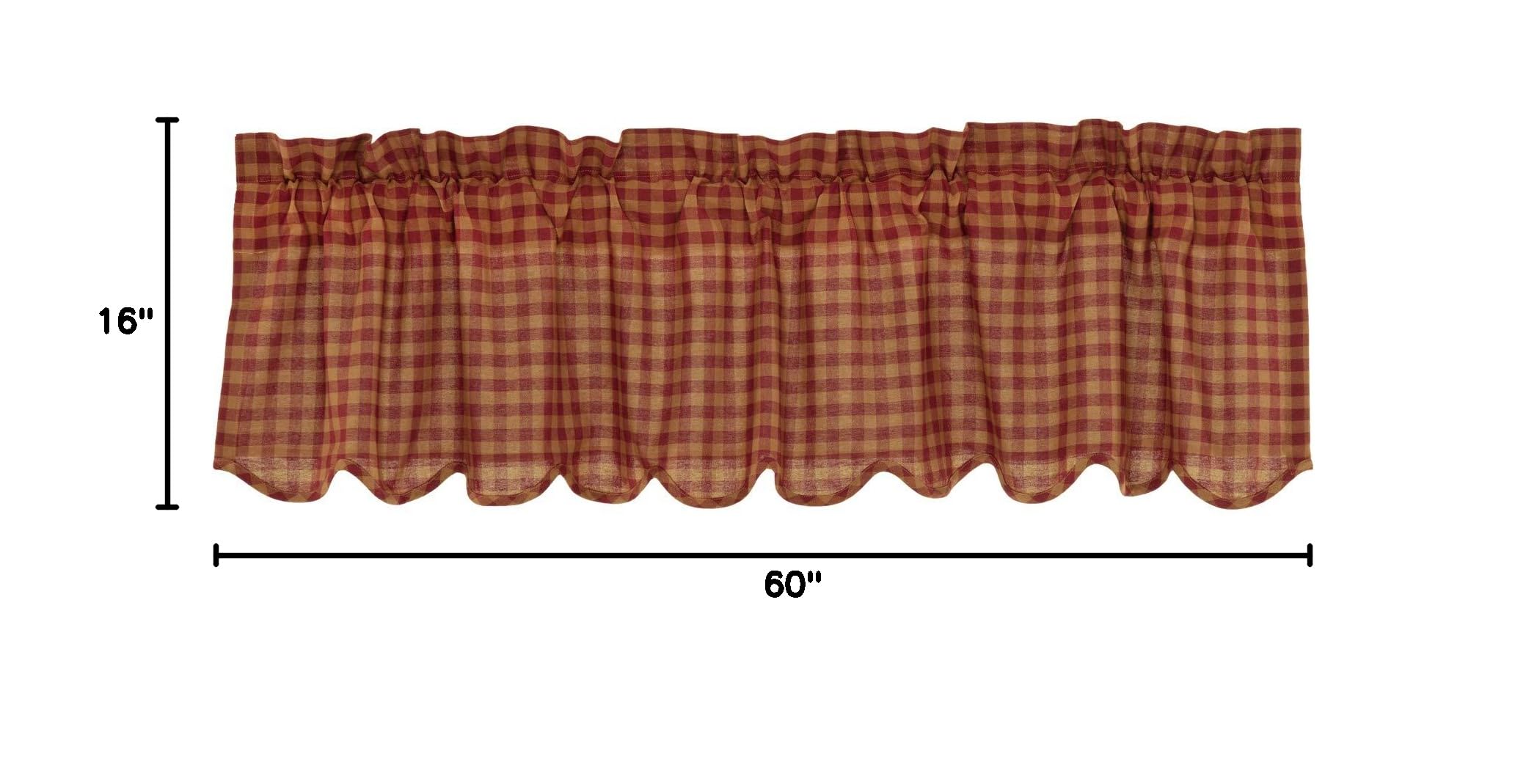 VHC Brands Check Cotton Primitive Kitchen Curtains - Rod Pocket Valance 16x60 Inches, Burgundy Red - Farmhouse Style Window Treatment for Cozy Country Kitchen Decor