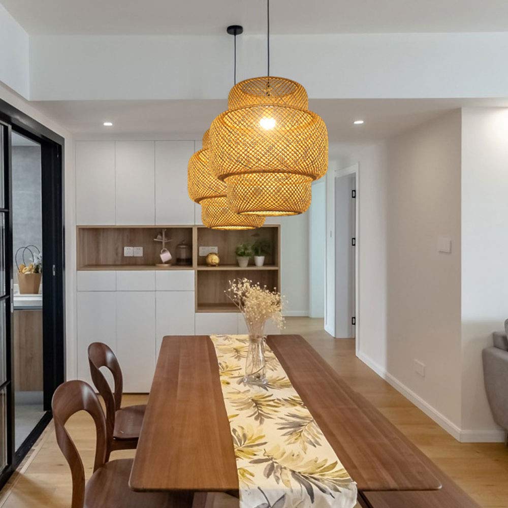 Hand-Woven Bamboo Rattan Chandelier Lamp - Natural Wicker Table Top & Ceiling Light with E27 Socket - Adjustable for Restaurants, Coffee Shops, Hotels & Home Decor