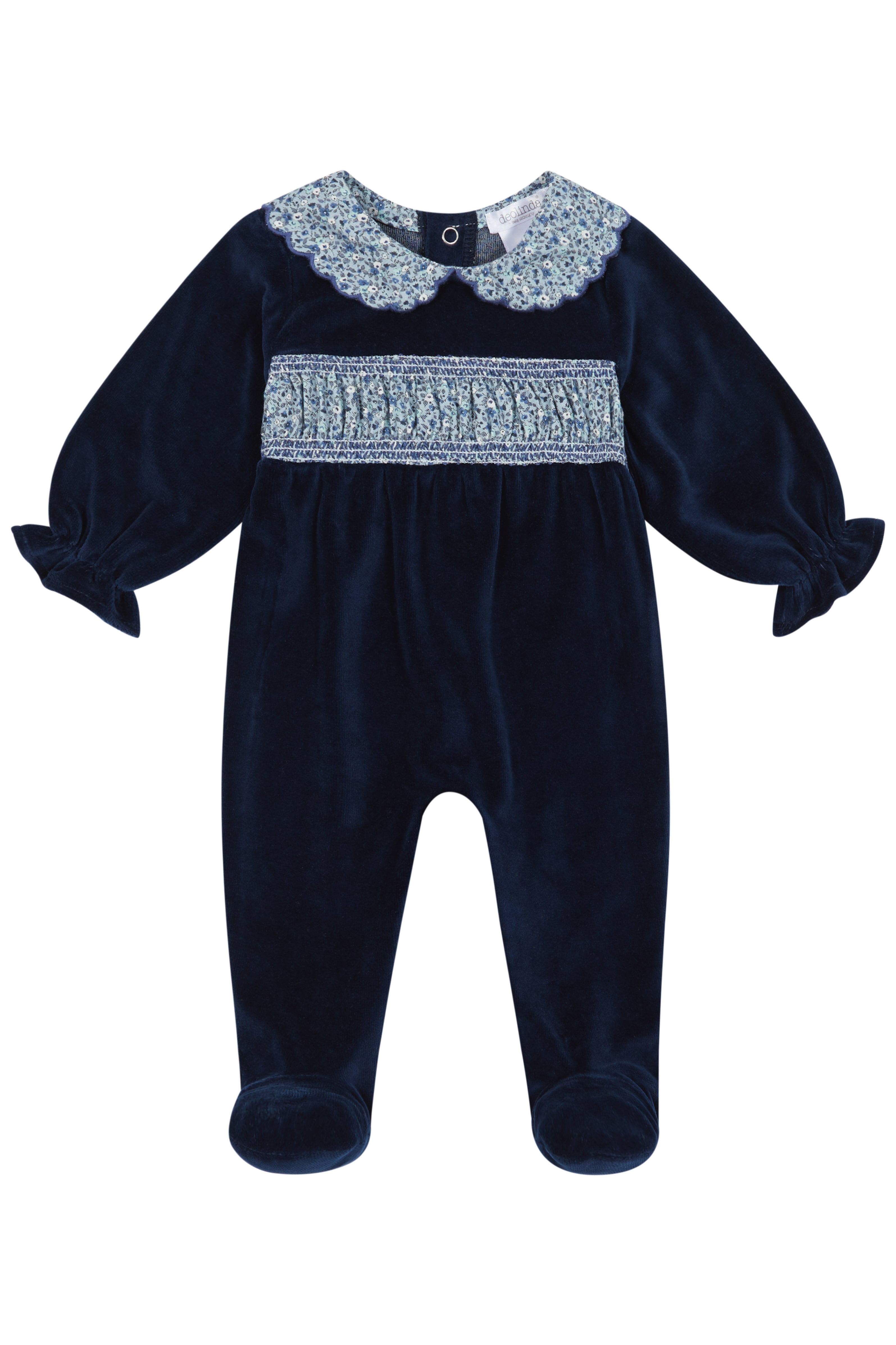Vera Navy Velour Floral Smocked Baby Sleepsuit - Soft & Comfortable Pajamas for Newborns & Toddlers - Perfect for Bedtime & Lounging
