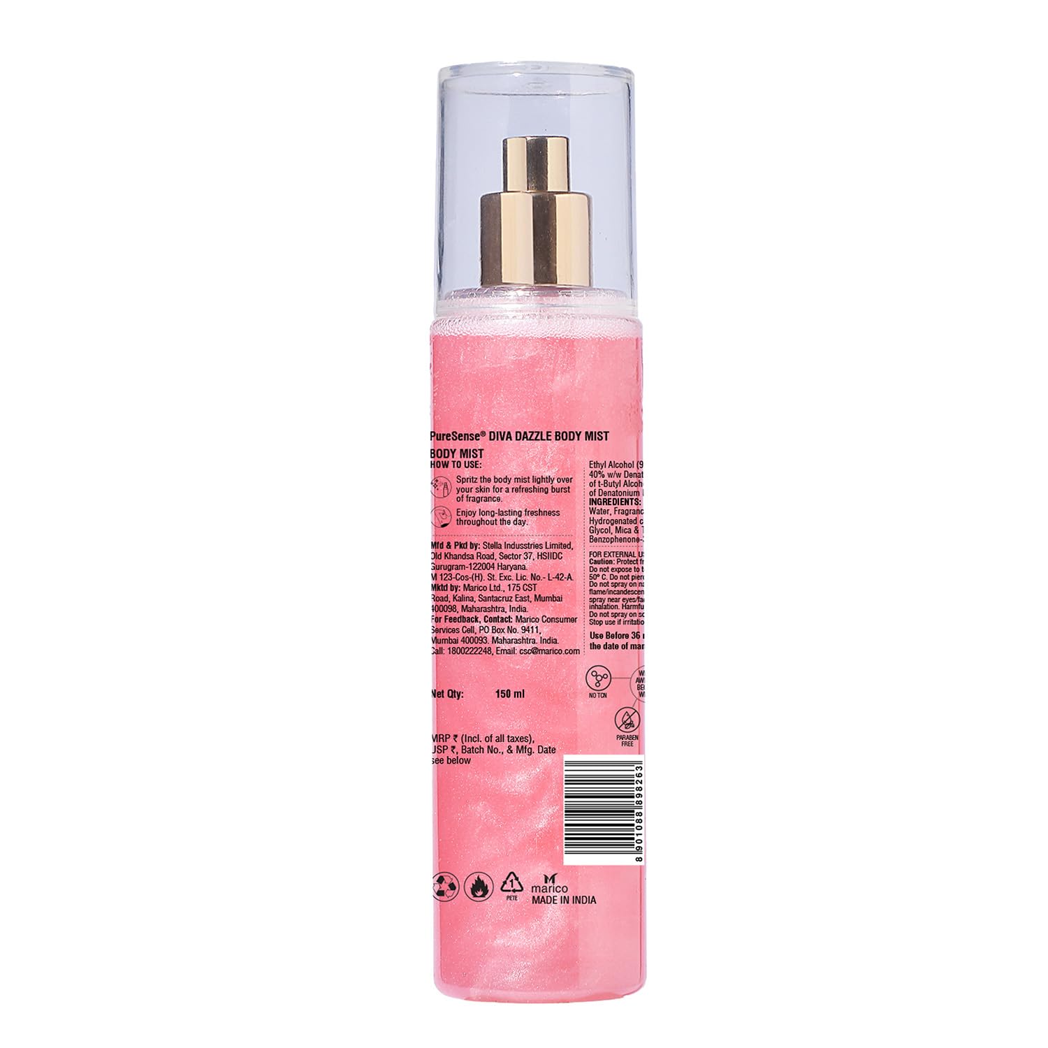 PureSense Diva Dazzle Pink Shimmer Body Mist Spray for Women - Long Lasting Floral Fragrance, Moisturizing & Refreshing, Travel Size 5oz/150ml | Perfect for Date Night, Parties & Everyday Wear