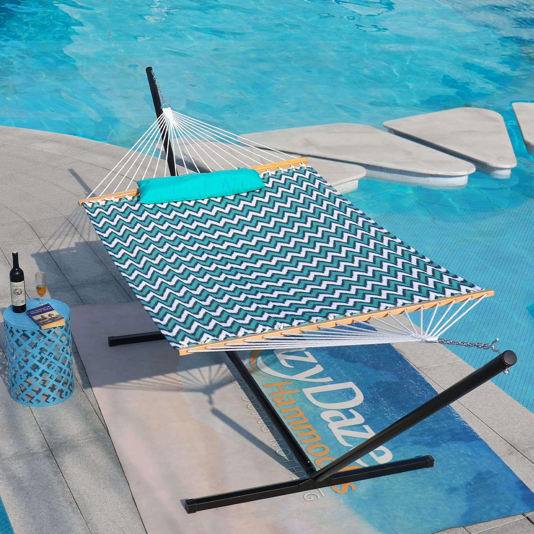 12 FT Double Hammock with Spreader Bars & Detachable Pillow - 450 LBS Capacity Quilted Fabric Hammock for 2 Persons - Perfect for Backyard, Patio, Poolside & Camping - White & Blue Chevron Design