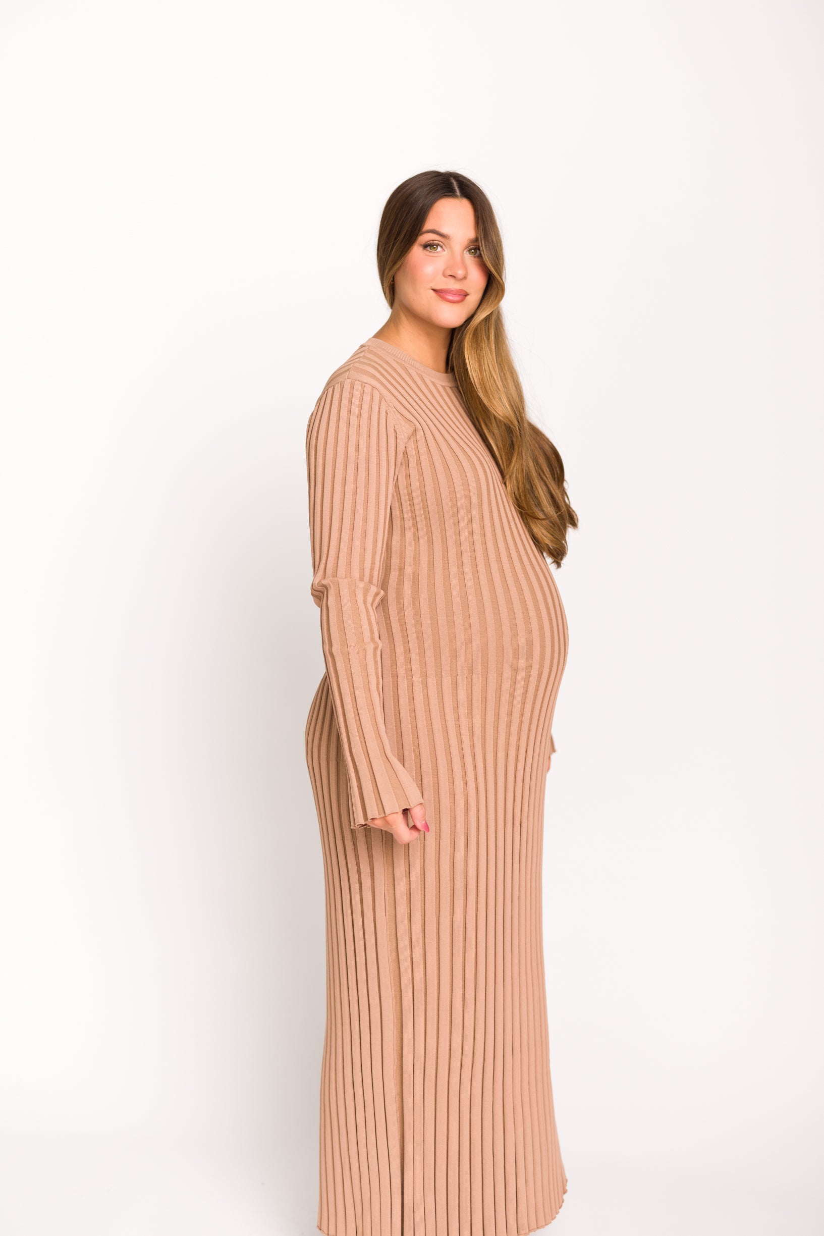 Colette Premium Long Sleeved Ribbed Knit Maxi Dress in Dark Natural - Bump Friendly Maternity Dress for Pregnancy, Nursing & Postpartum | Elegant & Comfortable for Work, Date Night & Special Occasions