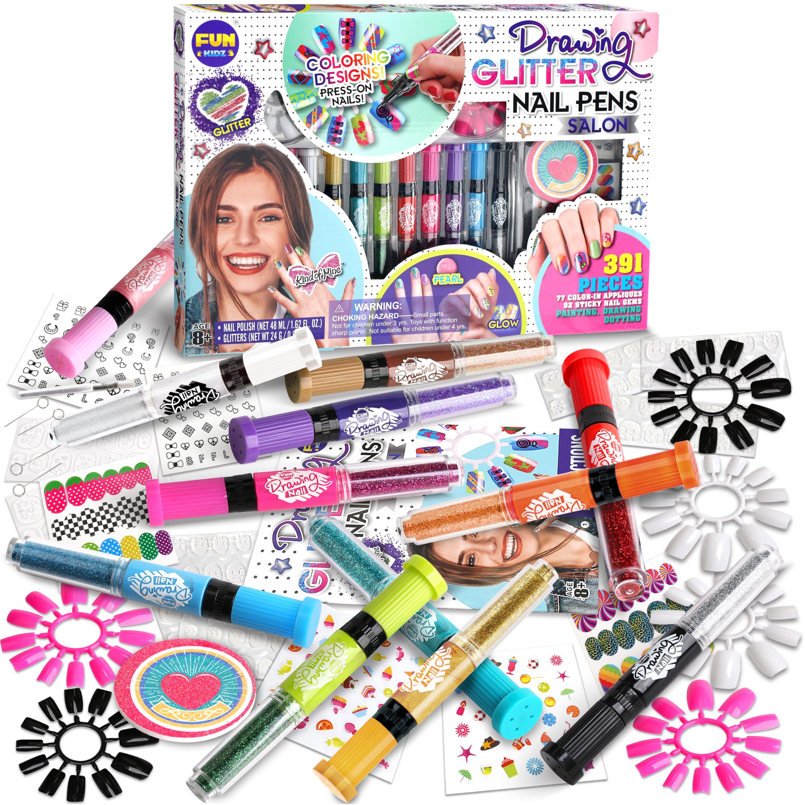 FunKidz Ultimate 315Pcs Kids Nail Art Kit for Girls Ages 7-12 - Glitter Nail Polish Pens, Temporary Nail Stickers & SPA Makeup Set (17.91