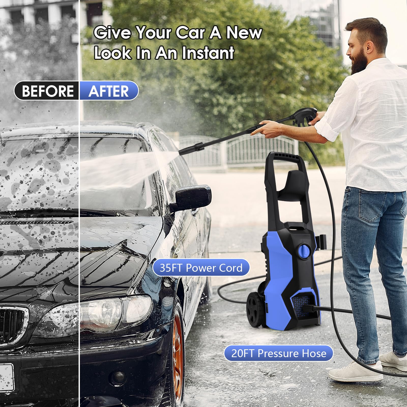 Suyncll 5000 PSI Electric Pressure Washer - Professional Power Cleaner with Adjustable Nozzle, 500ml Foam Cannon, 20ft Hose & 35ft Cord - IPX5 Waterproof for Car Washing, Driveway Cleaning, Patio & Home Exterior Maintenance