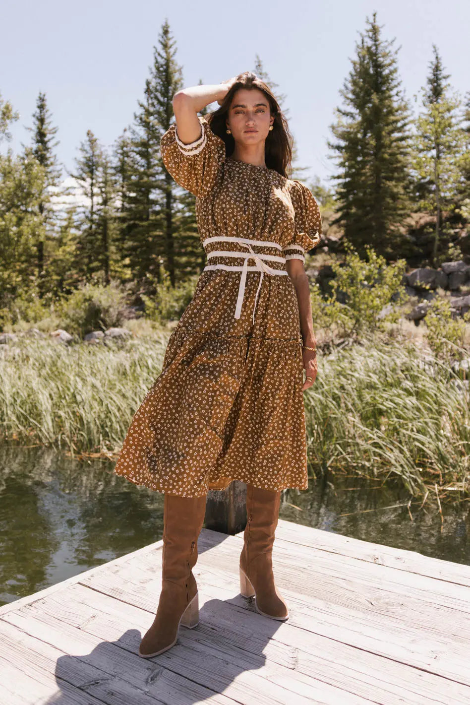 Kendra Ditsy Floral Midi Dress - Brown | Women's Casual Summer Dress for Beach, Wedding & Date Night | FINAL SALE