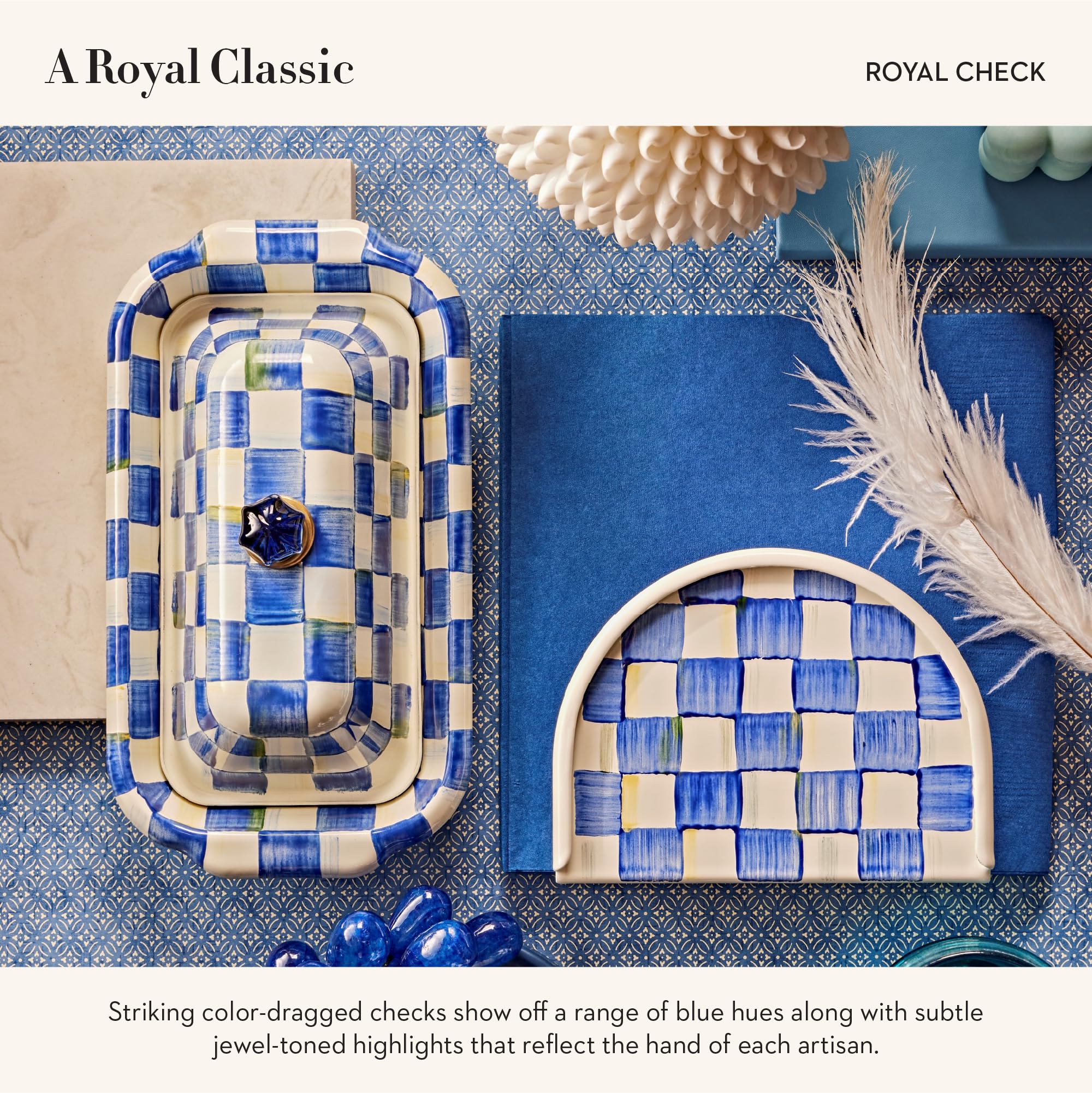 MACKENZIE-CHILDS Enamel Butter Box with Lid - Blue and White Royal Check Pattern Butter Dish - Perfect for Kitchen Storage, Tea Parties & Gift Giving