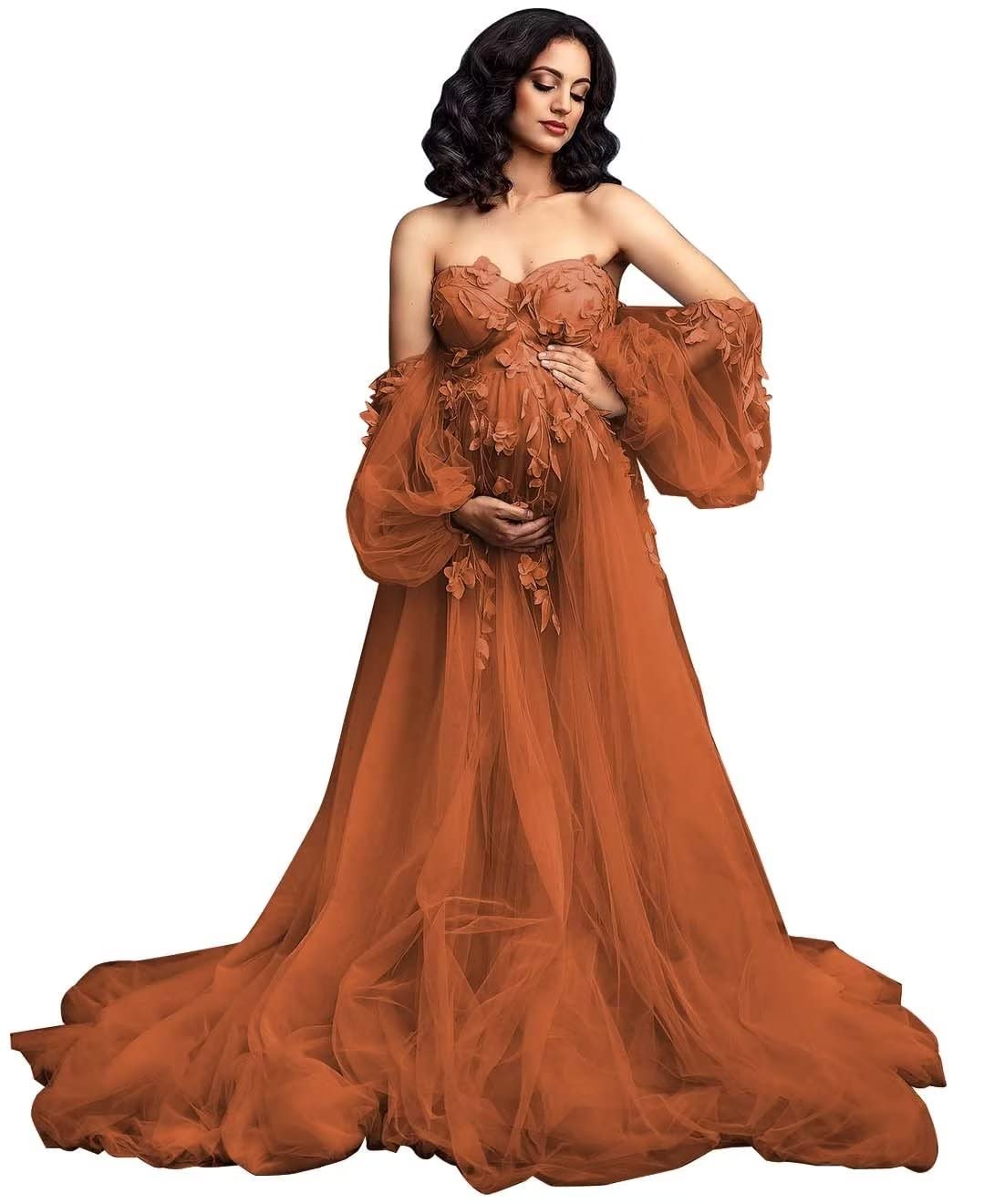 Elegant Long Sleeve Maternity Dresses for Photoshoot, Lingerie, Bridal Robes & Baby Shower - Soft Tulle Pregnancy Gown for Maternity Photos, Wedding & Special Occasions