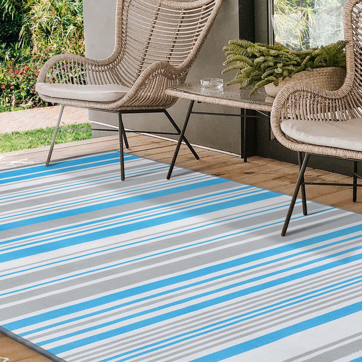Waterproof Outdoor Plastic Straw Rug - 4x6FT Blue Patio Rug for RV, Porch, Balcony, Deck & Camper | Durable & Weather-Resistant for Outdoor Use