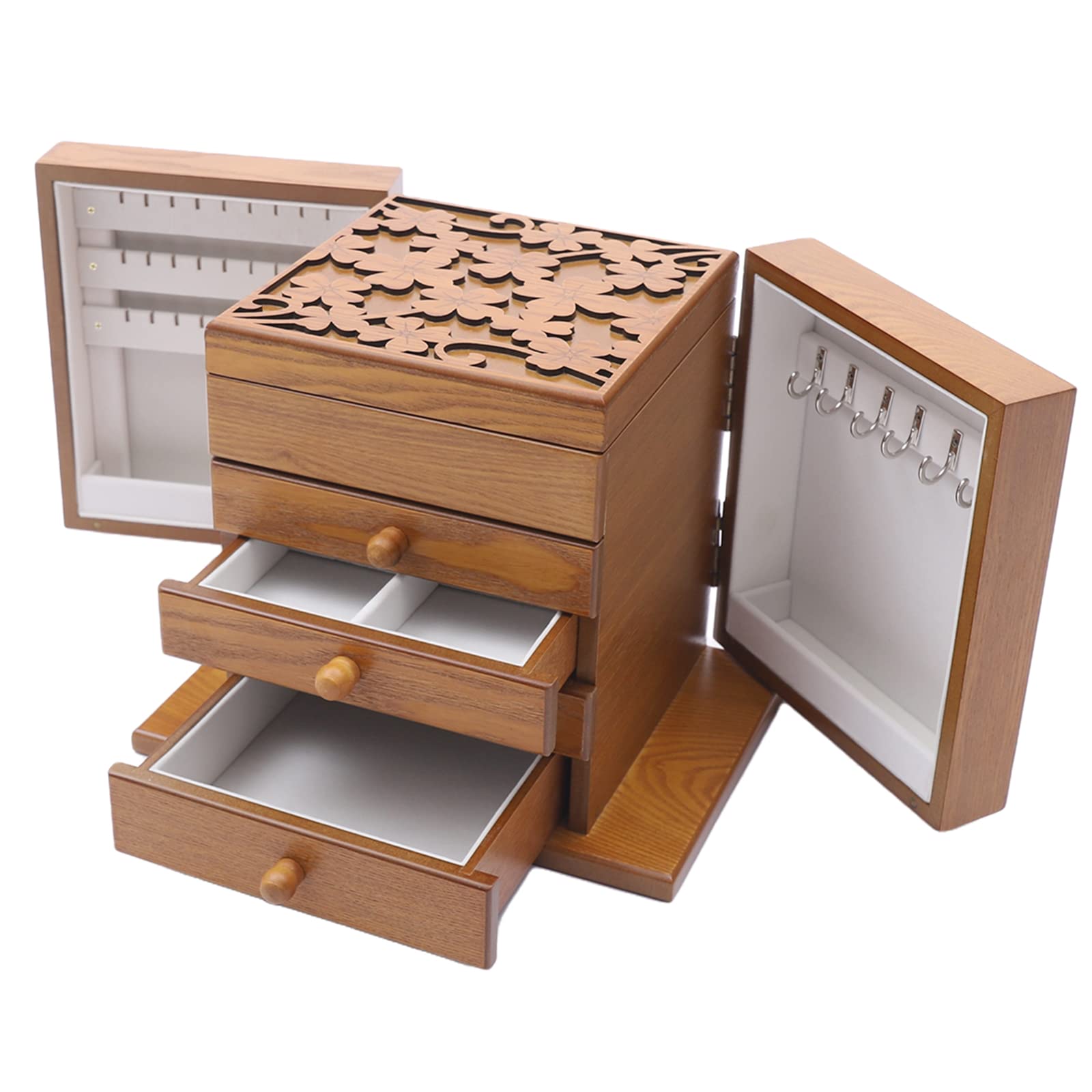 Eapmic Extra Large 5-Layer Wooden Jewelry Box - Hand Carved Four-Leaf Clover Design, Jewelry Storage Organizer for Rings, Necklaces & Accessories (Brown, Style 1) - Perfect for Bedroom Vanity, Wedding Gift & Travel Jewelry Case