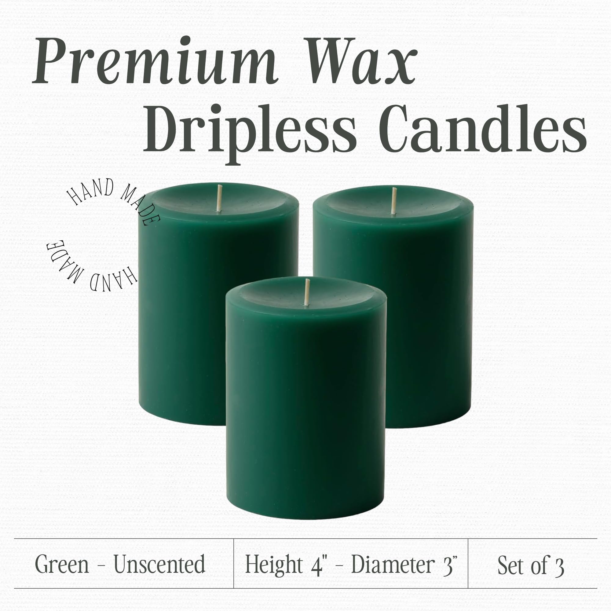 Premium Unscented Dripless Pillar Candles Set of 3 - Hand-Poured Solid Green Wax Candles for Home Decor, Wedding Centerpieces & Romantic Dinners - 4