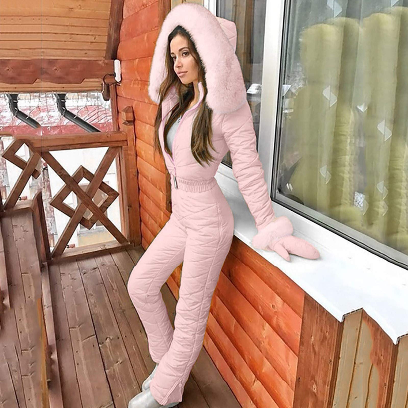 Women's Waterproof Snow Suits Winter Ski Outfits with Fur Collar Hooded Jumpsuit for Outdoor Sports & Skiing | Warm Slim Romper for Snowboarding, Ski Trips & Winter Adventures