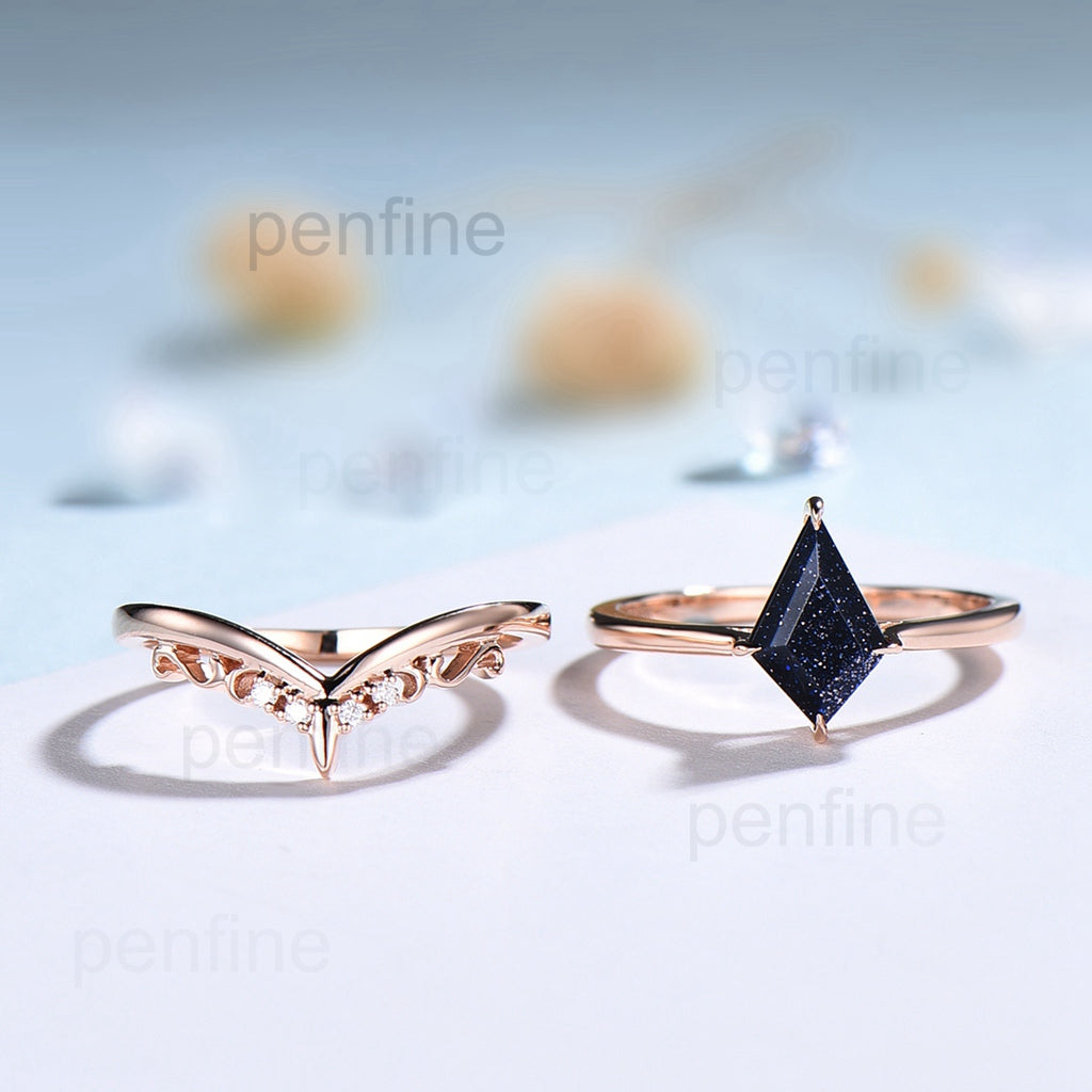 14K Rose Gold Kite Cut Blue Sandstone Solitaire Engagement Ring Set for Women - Perfect for Proposals, Anniversaries & Special Occasions