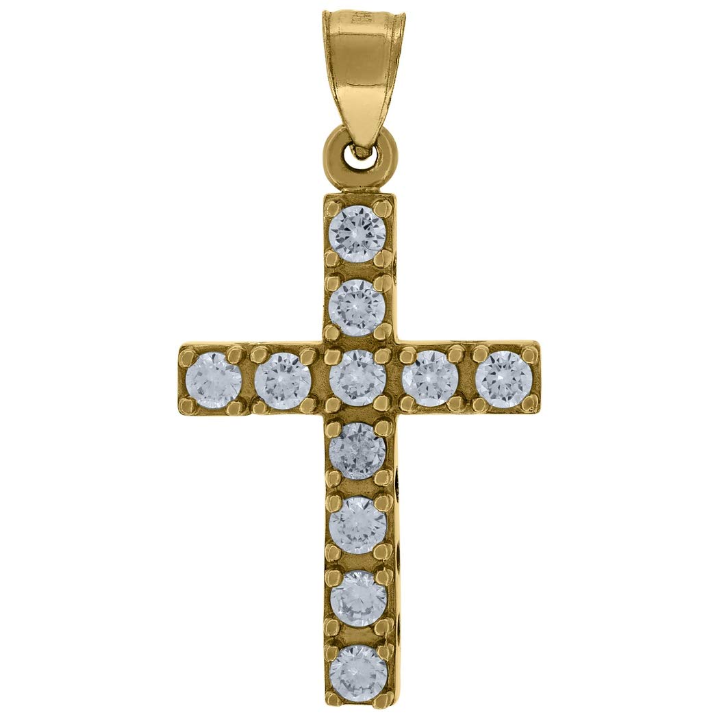 10K Yellow Gold Round Cubic Zirconia (CZ) Cross Pendant Necklace for Women & Men - 31.3x16mm Religious Jewelry - Perfect Gift for Baptism, Confirmation, Christmas & Everyday Faith Wear