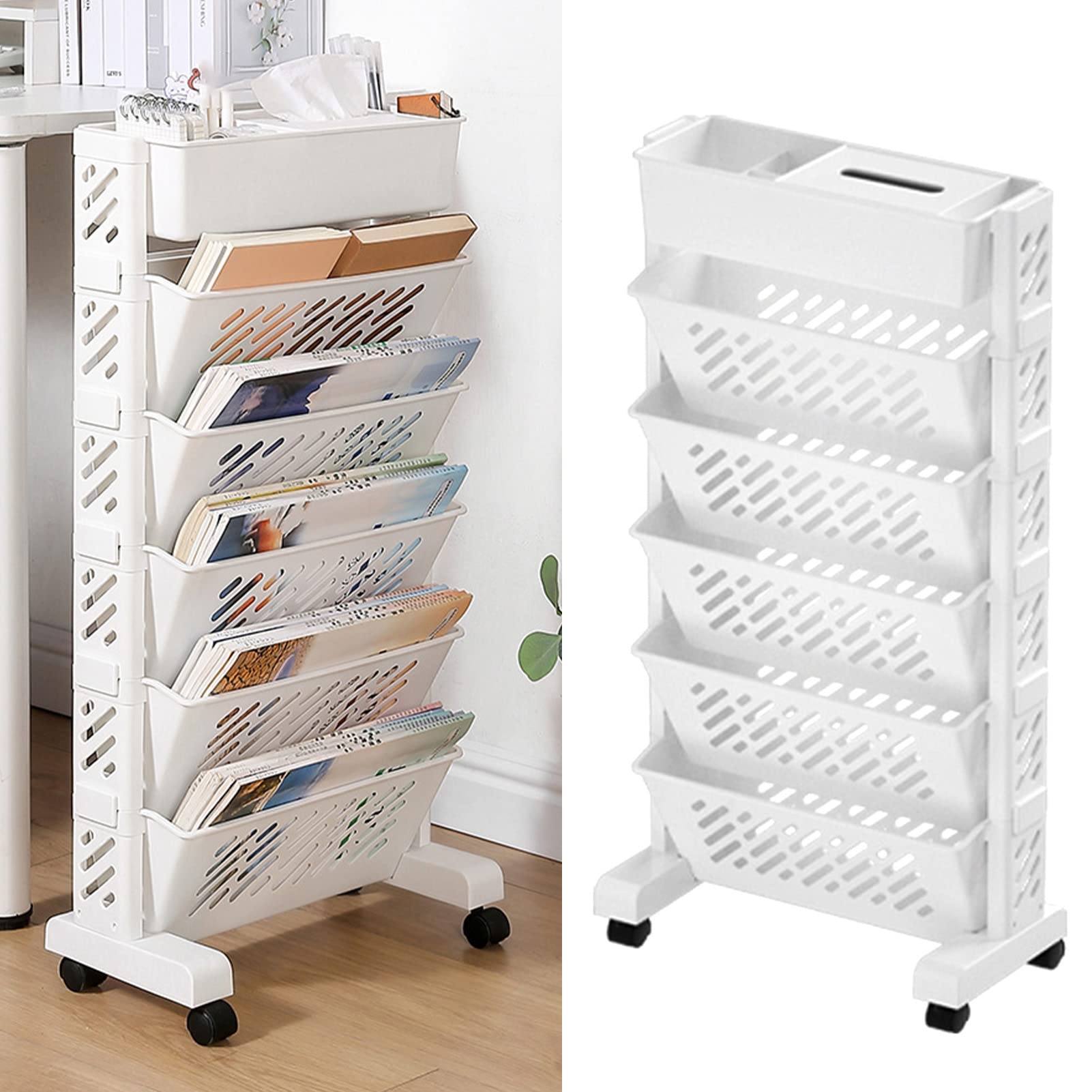 6-Tier Rotating Bookshelf with Wheels - Large Capacity Mobile Storage Organizer for Books, Files & Office Supplies | Perfect for Home, Office & Classroom Organization