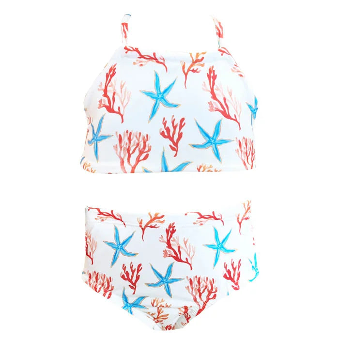 White Starfish Print Girls Two Piece Swimwear Set - Cute Bikini for Beach, Pool & Summer Vacation