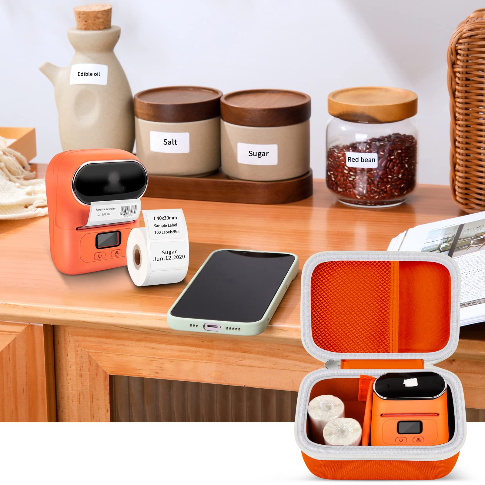 Phomemo M110 Label Maker Case - Portable Mini Bluetooth Thermal Label Printer Storage Bag for Printer, USB Cable & Accessories (Orange) - Perfect for Office, Home & Travel Organization