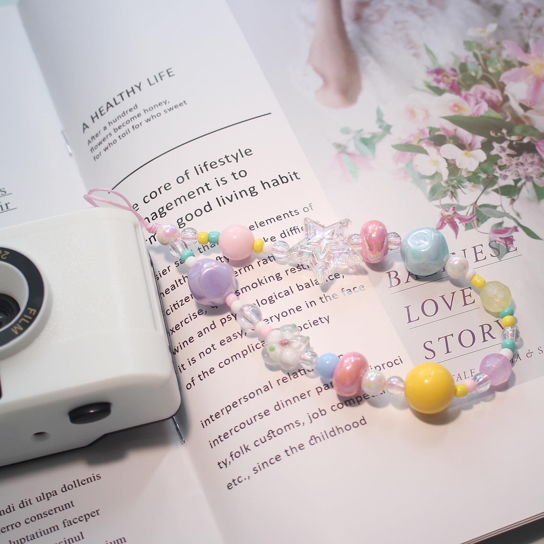 Handmade Beaded Phone Charms Strap - Cute Flower Heart Bear Bracelet Wrist Lanyard for Phone Case & Camera Accessories | Perfect for Girls, Teens, DIY Gifts, and Everyday Fashion Accessory