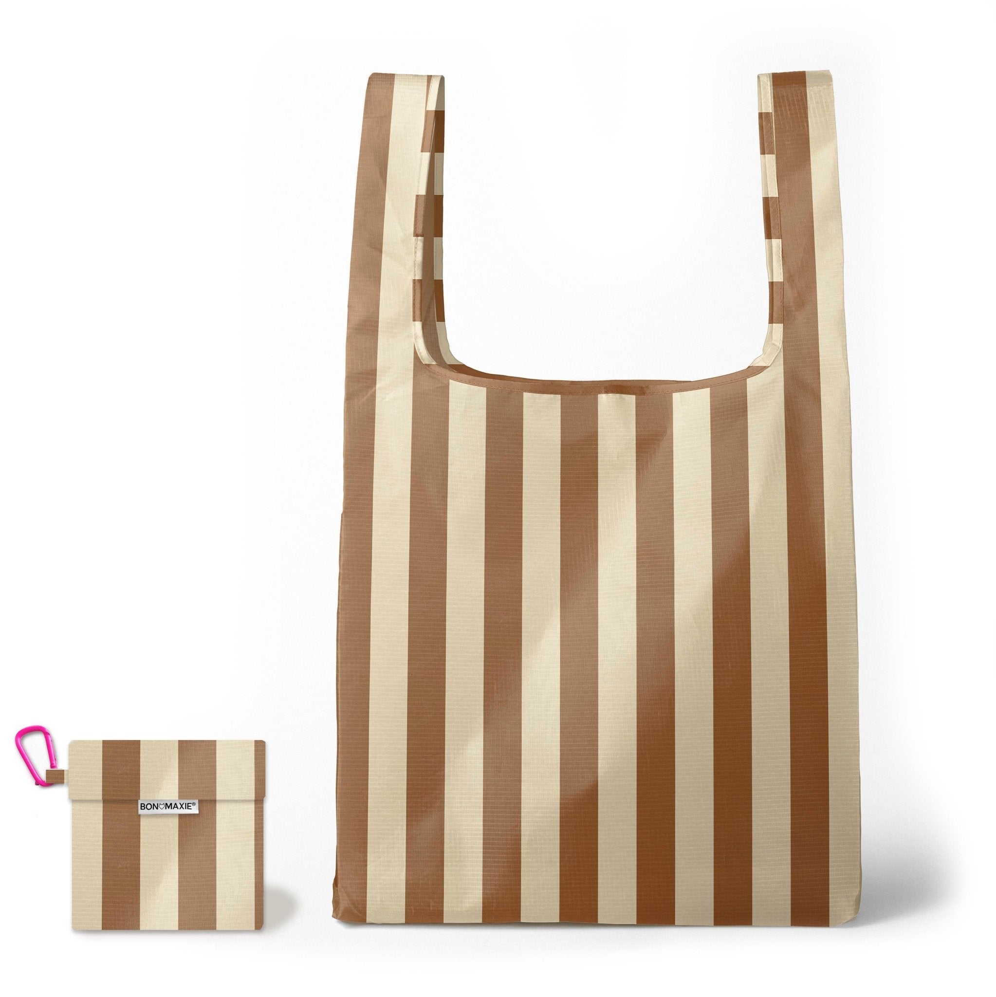 Eco-Friendly Reusable Shopping Bags - 2 Pack with 2 Sizes (Tan/Beige Stripe) - Durable Grocery Tote Bags for Groceries, Farmers Market & Sustainable Shopping