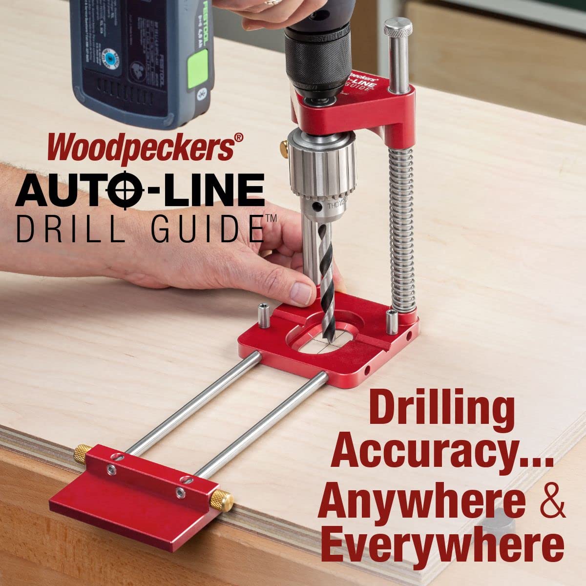 Woodpeckers Auto Line Drill Guide Deluxe Kit - Portable Precision Drilling Tool with Guide, 6 Extension Rods, 2 Flip Stops & Wrench - Perfect for Woodworking, Metalworking & DIY Home Projects