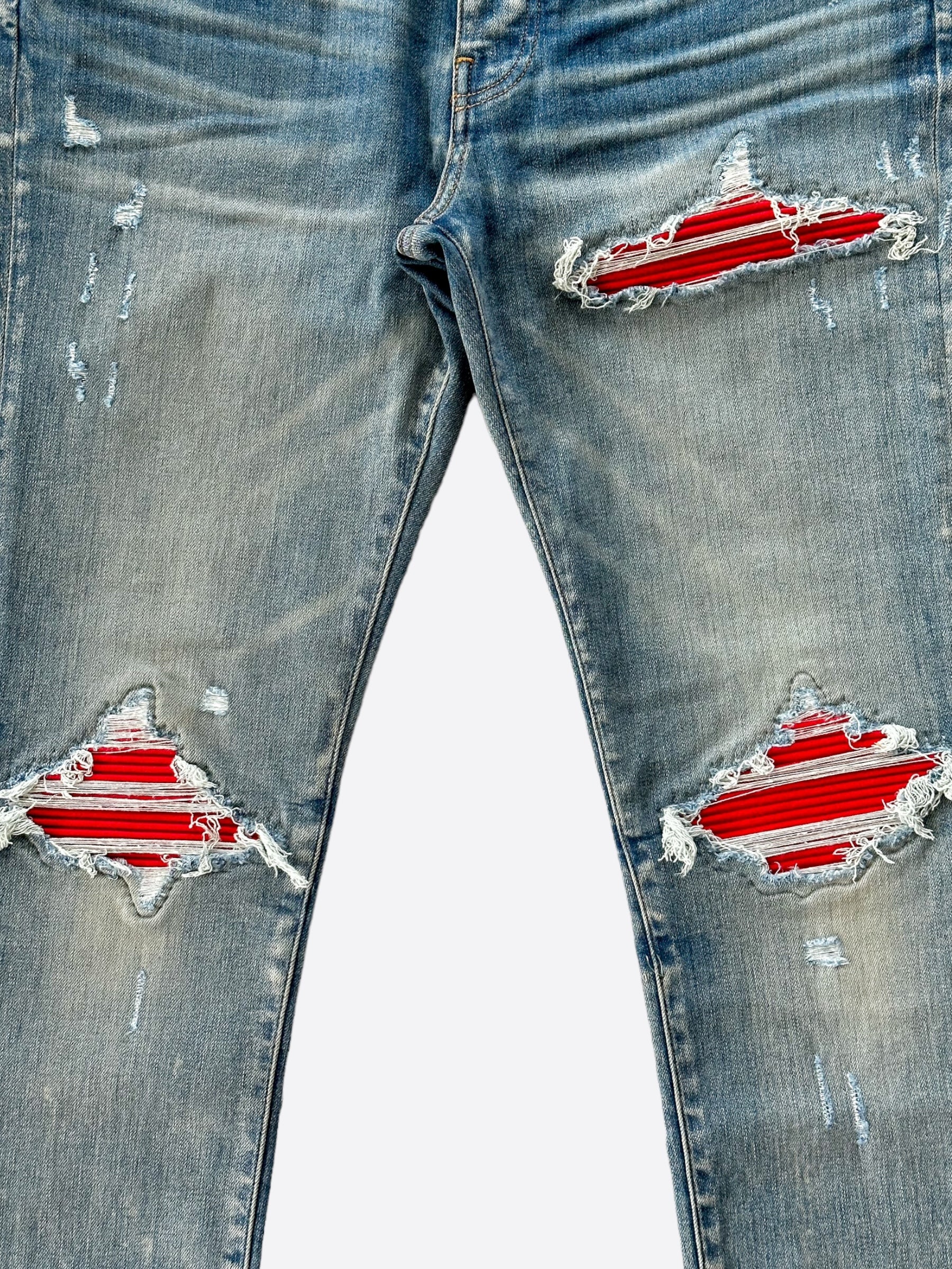 Amiri MX1 Jeans for Men - Blue & Red Patch Distressed Denim Pants | Stylish Slim Fit Skinny Jeans for Casual Wear & Night Out