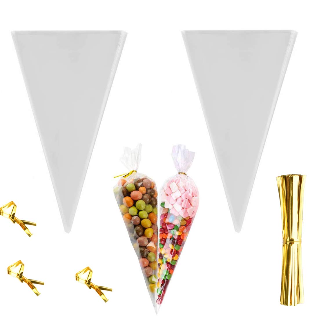 200Pcs Clear Mini Cone Treat Bags 5.1x9.8 Inch - Triangle Cellophane Popcorn Bags with Twist Ties for Cookies, Candy, Wedding Favors | Perfect for Party Favors, Gift Packaging & Bulk Snack Storage