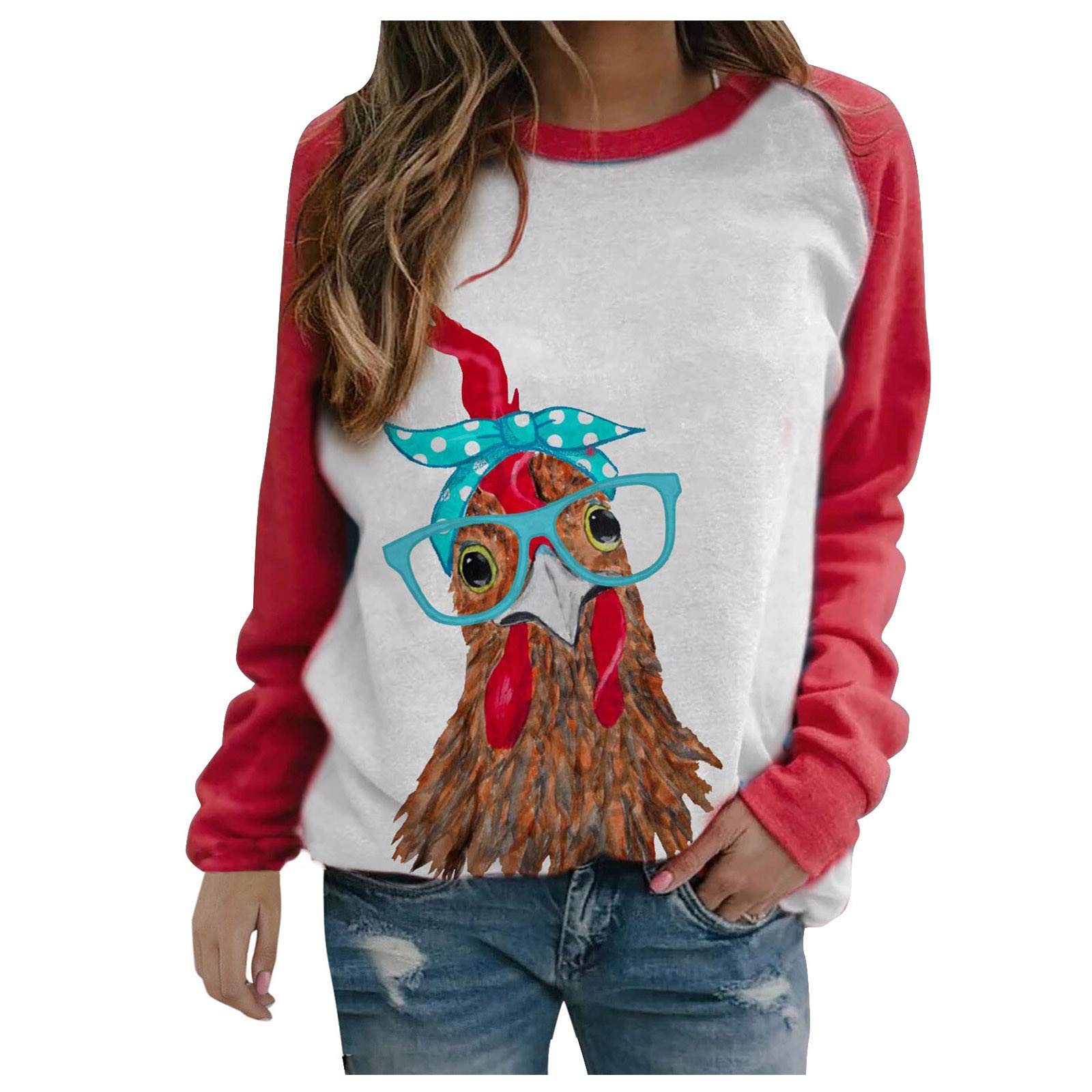 Maoyou Women's Long Sleeve Blouse - Chicken & Bandana Print Color Block Tops (Red, Size L) | Casual Wear, Office Outfits & Spring Fashion