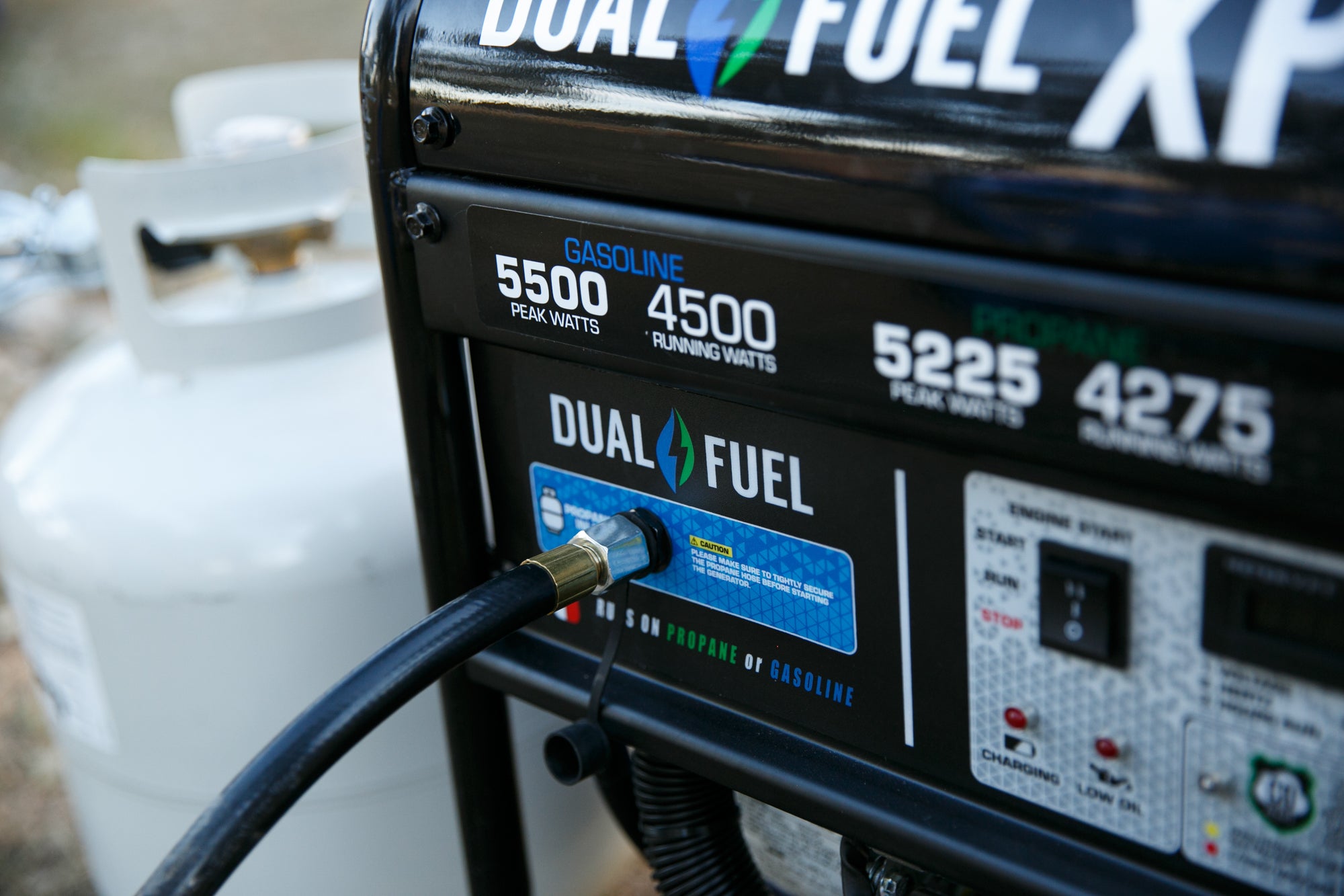 5500W Dual Fuel Portable Generator with CO Alert - Gas & Propane Powered for Camping, RV, Home Backup & Emergency Power