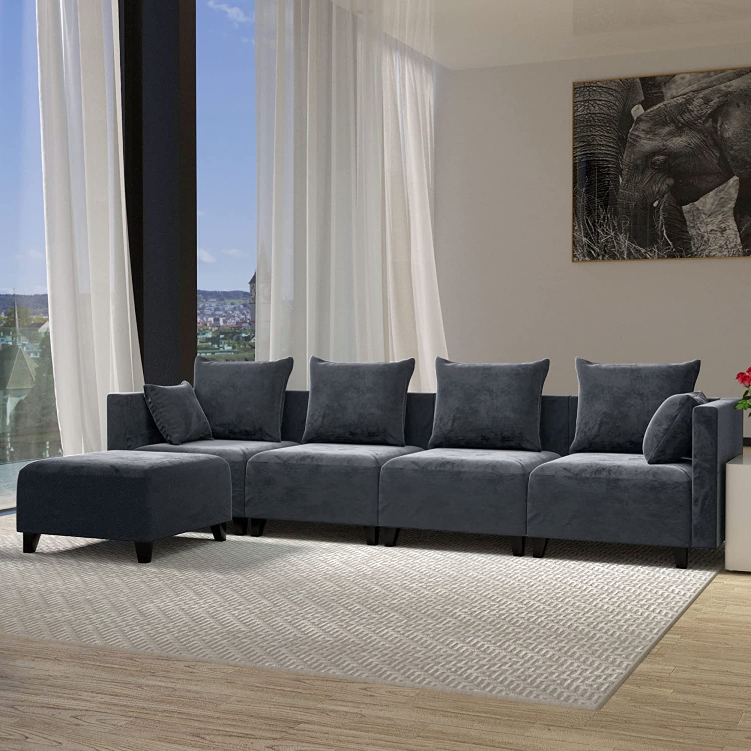 Williamspace 5-Seater Convertible Sectional Sofa - L-Shaped Oversized Velvet Modular Couch with Reversible Ottoman Chaise & Throw Pillows, Easy Assembly, Grey - Perfect for Living Room, Family Room & Home Theater