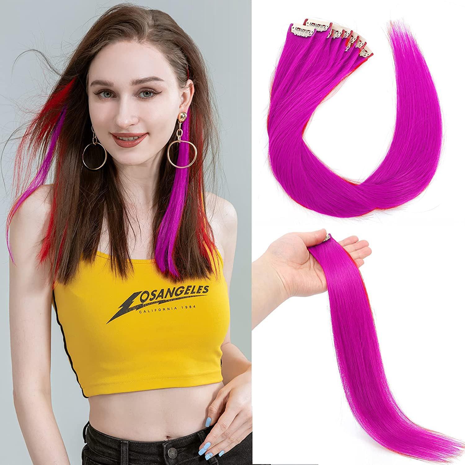 BOXO 2-Piece Fake Hair Colored Streaks Hair Extensions for Kids & Women - Perfect for Cosplay, Parties & Everyday Styling
