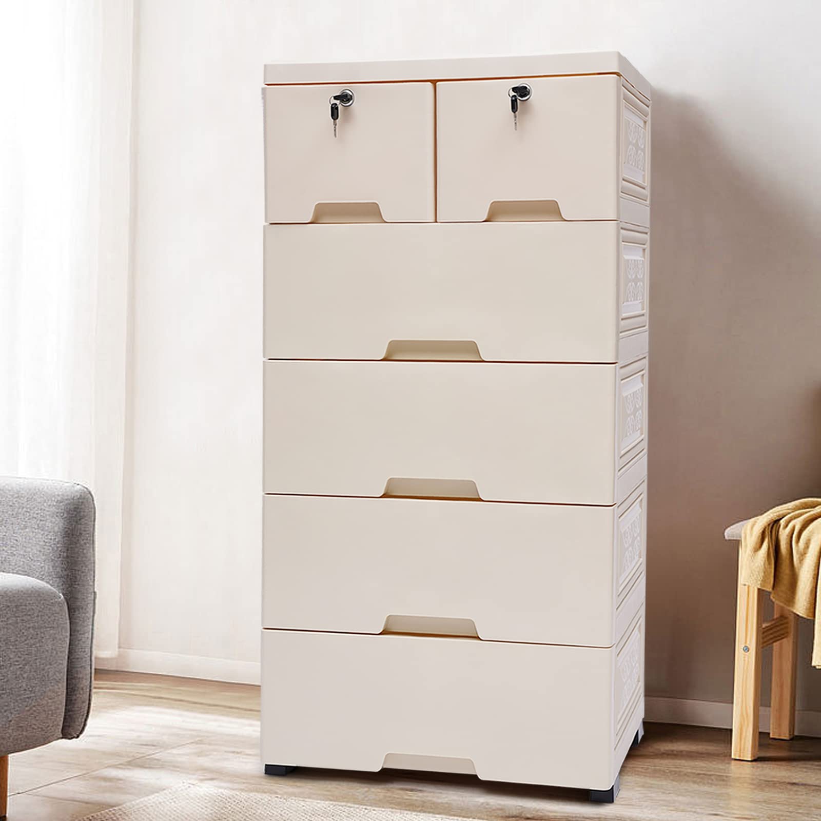 6-Drawer Beige Storage Cabinet - Tall Dresser Organizer for Clothes, Toys & Home Essentials | Perfect for Bedroom, Playroom & Closet Organization