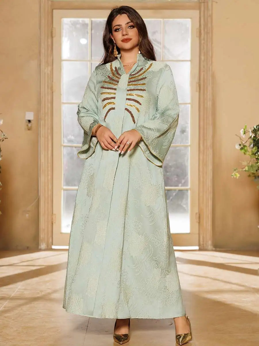 Elegant Jacquard Beaded Caftan Dress for Women - Boho Maxi Kaftan with Intricate Embroidery - Perfect for Eid Celebrations, Weddings & Special Occasions
