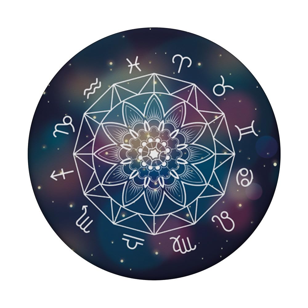 Mandala Horoscope Zodiac Signs Galaxy Space PopSockets Adhesive PopGrip - Phone Grip & Stand for iPhone, Samsung, Smartphones - Perfect for Yoga, Meditation & Stargazing