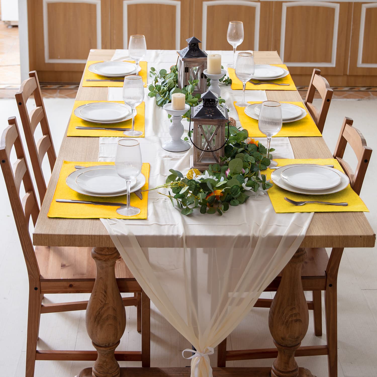 Premium 8-Piece Linen-Like Polyester Placemats Set - Machine Washable, Heat Resistant & Wrinkle-Free Thick Dining Table Mats for Kitchen & Home Decor (Yellow) - Perfect for Everyday Meals, Dinner Parties & Holiday Gatherings