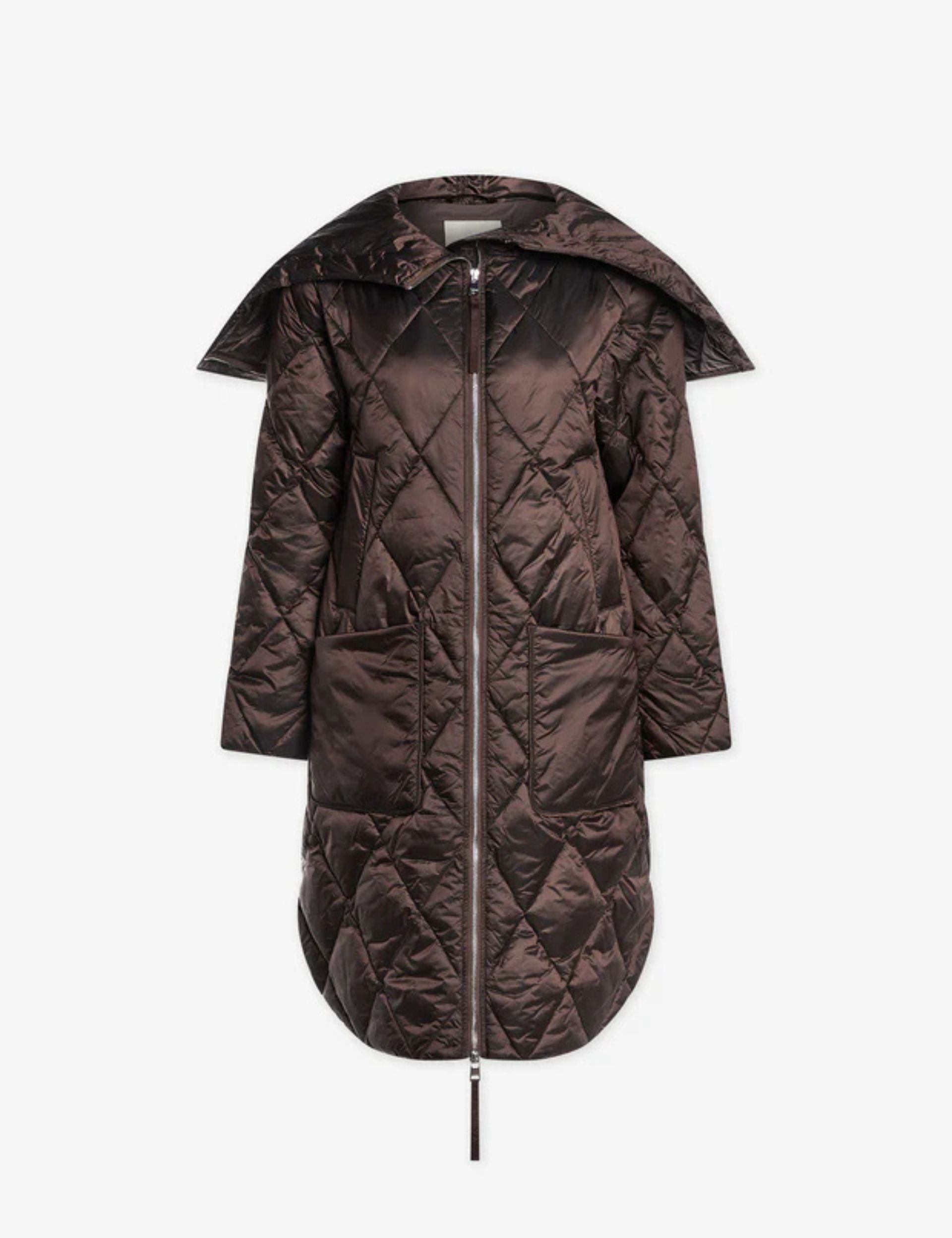 Frisco Long Quilted Jacket for Women - Stylish Coffee Quartz Metallic Coat | Perfect for Fall & Winter Outdoor Activities