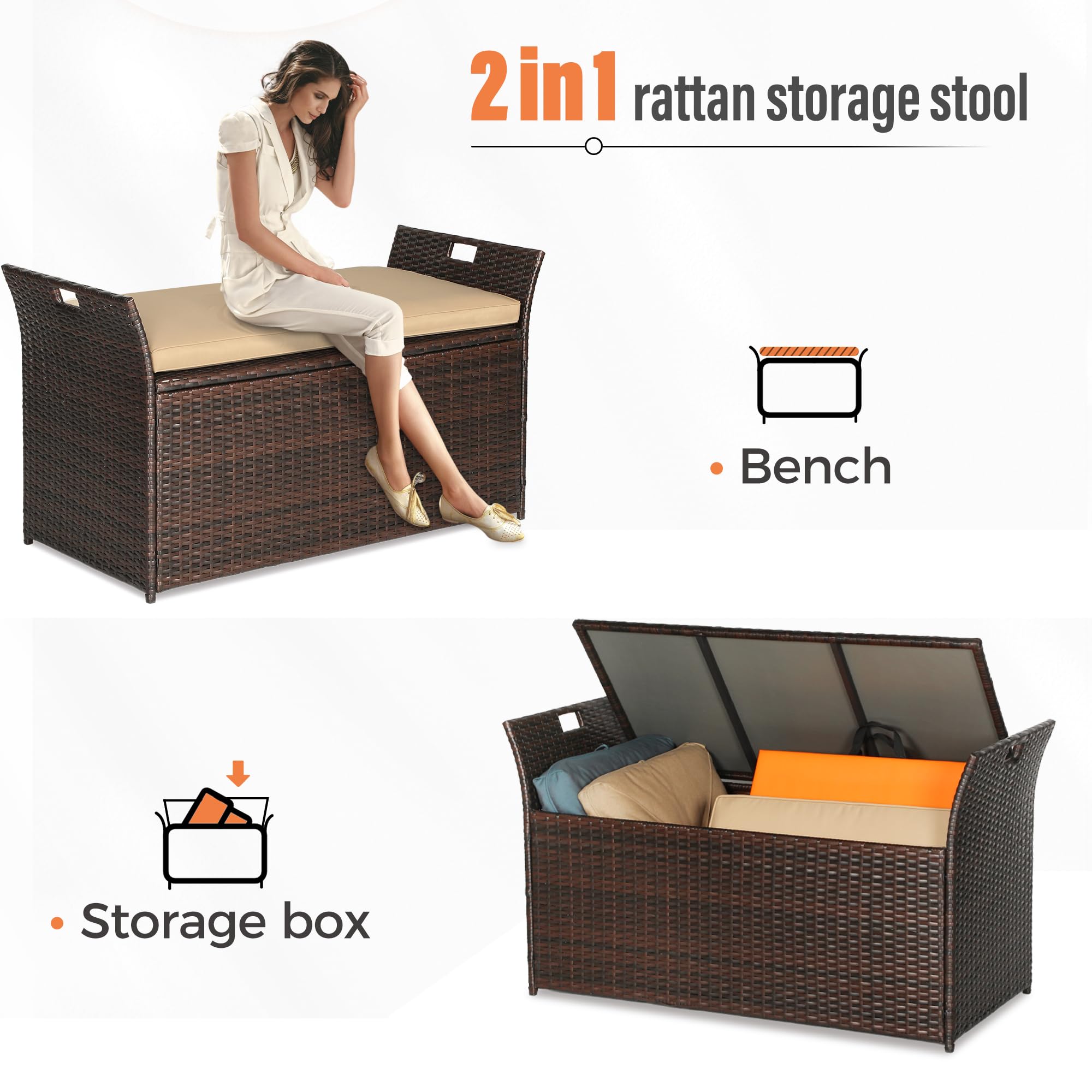 CrownLand 80 Gallon Outdoor Storage Bench with Cushion - Waterproof Wicker Patio Deck Box with Seat - Perfect for Garden, Balcony, Poolside & Backyard Furniture Storage (Brown)